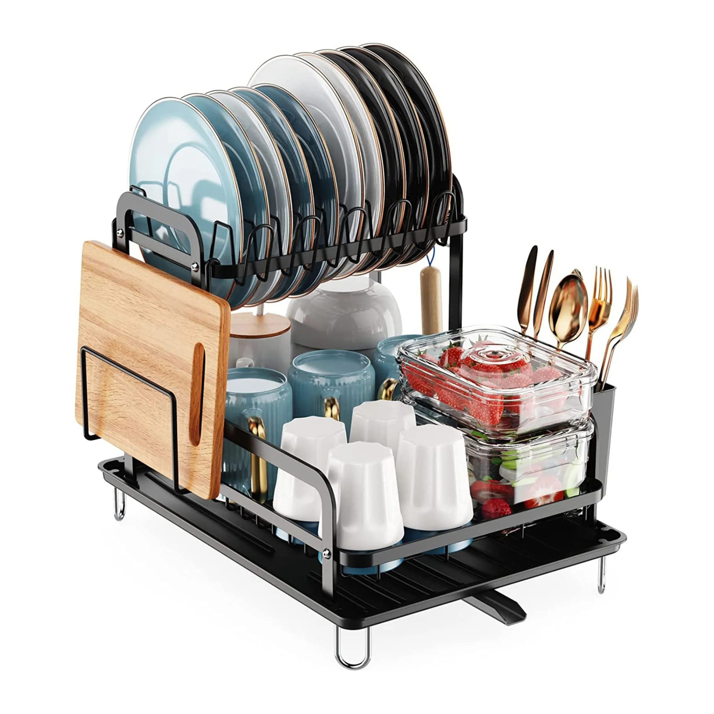 2-Tier Kitchen Dish Drying Rack w/ Detachable Drainboard - Rustproof Organizer Set incl. Utensil Holder. Space Saver!