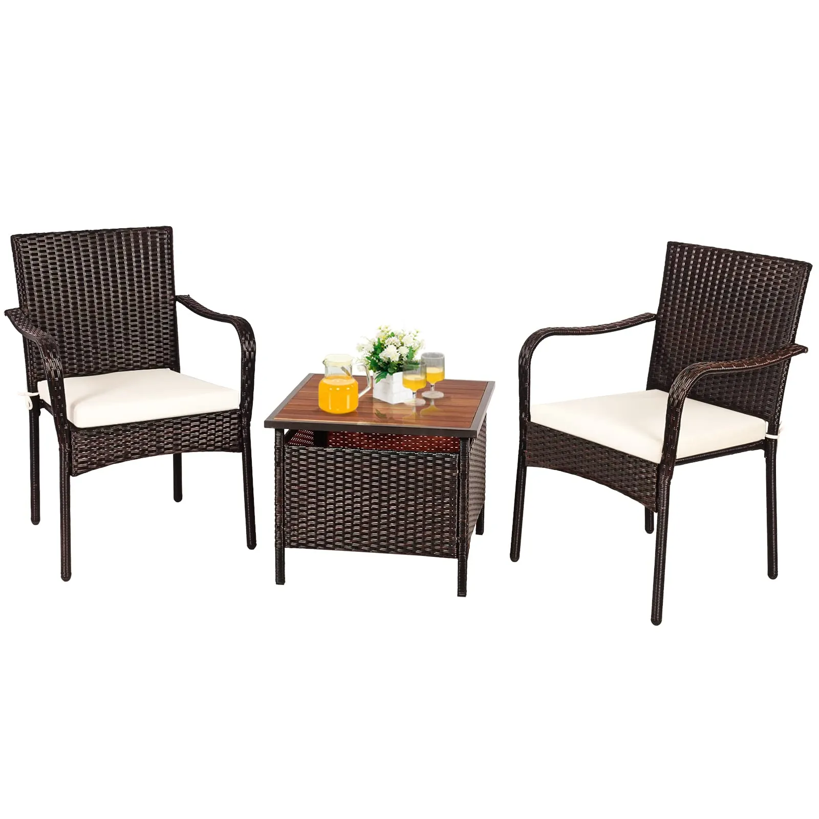 3 Pieces Wicker Bistro Set, Outdoor Conversation Set with 2 Comfortable Cushions