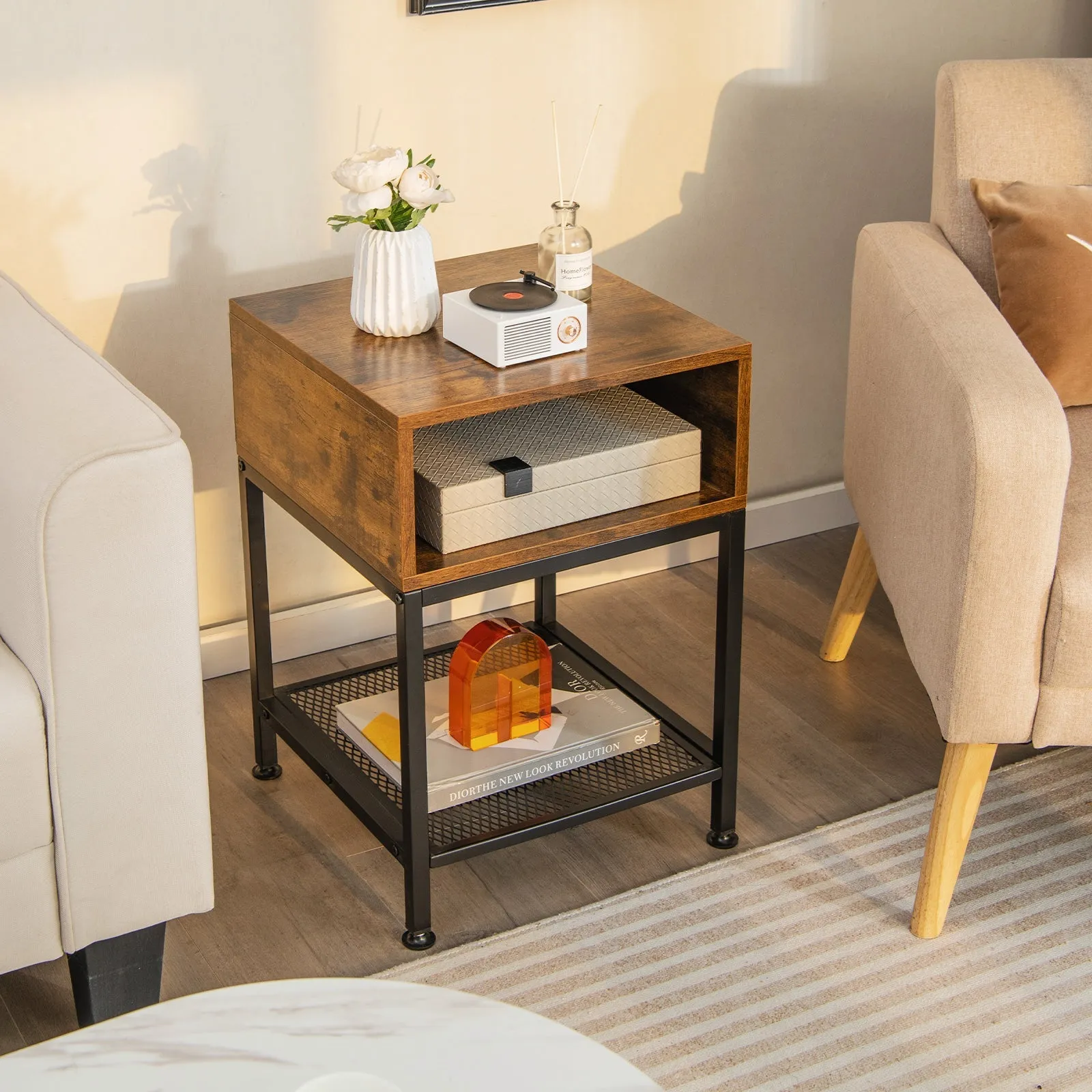 3-Tier Square End Table with Storage Cube and Mesh Shelf-Brown