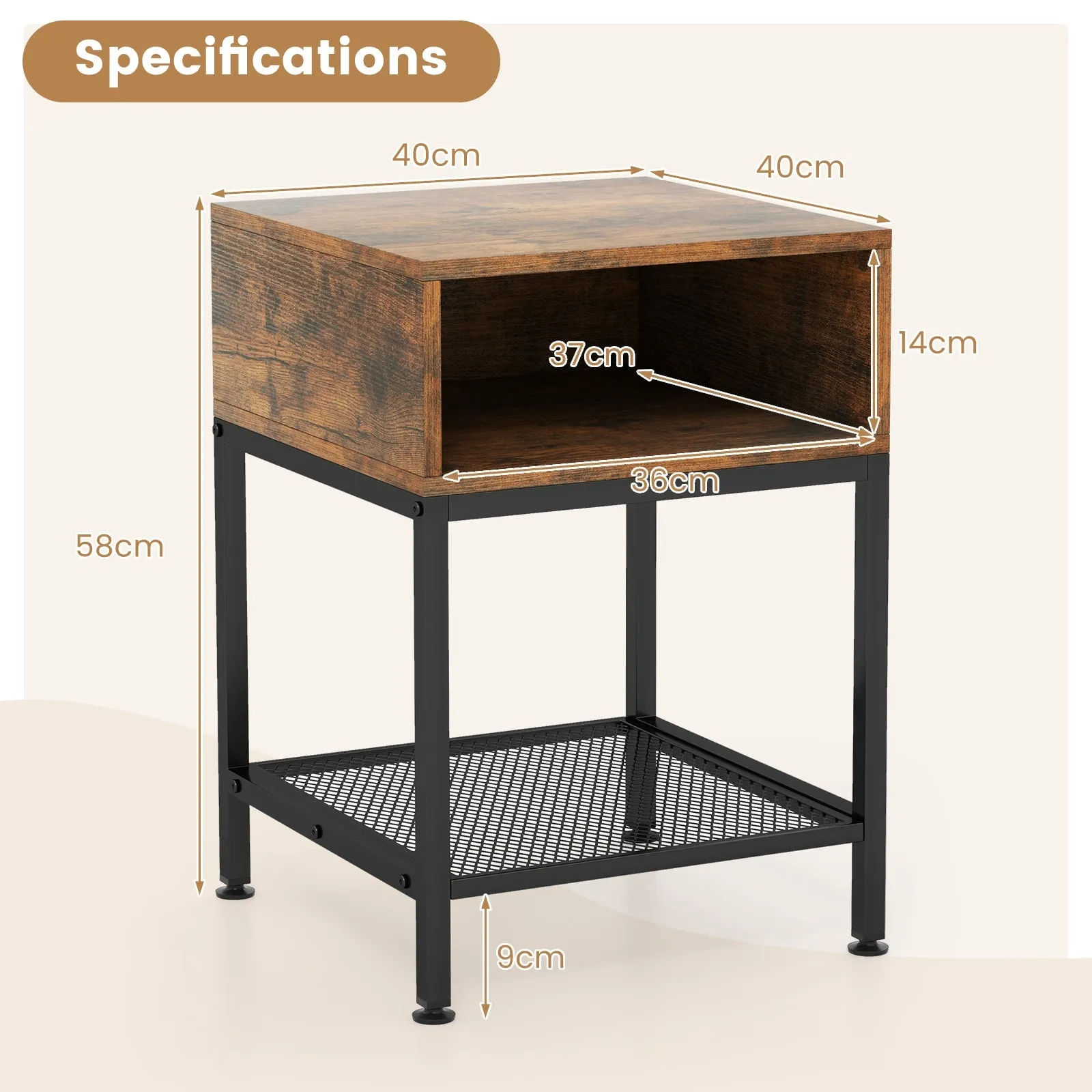 3-Tier Square End Table with Storage Cube and Mesh Shelf-Brown