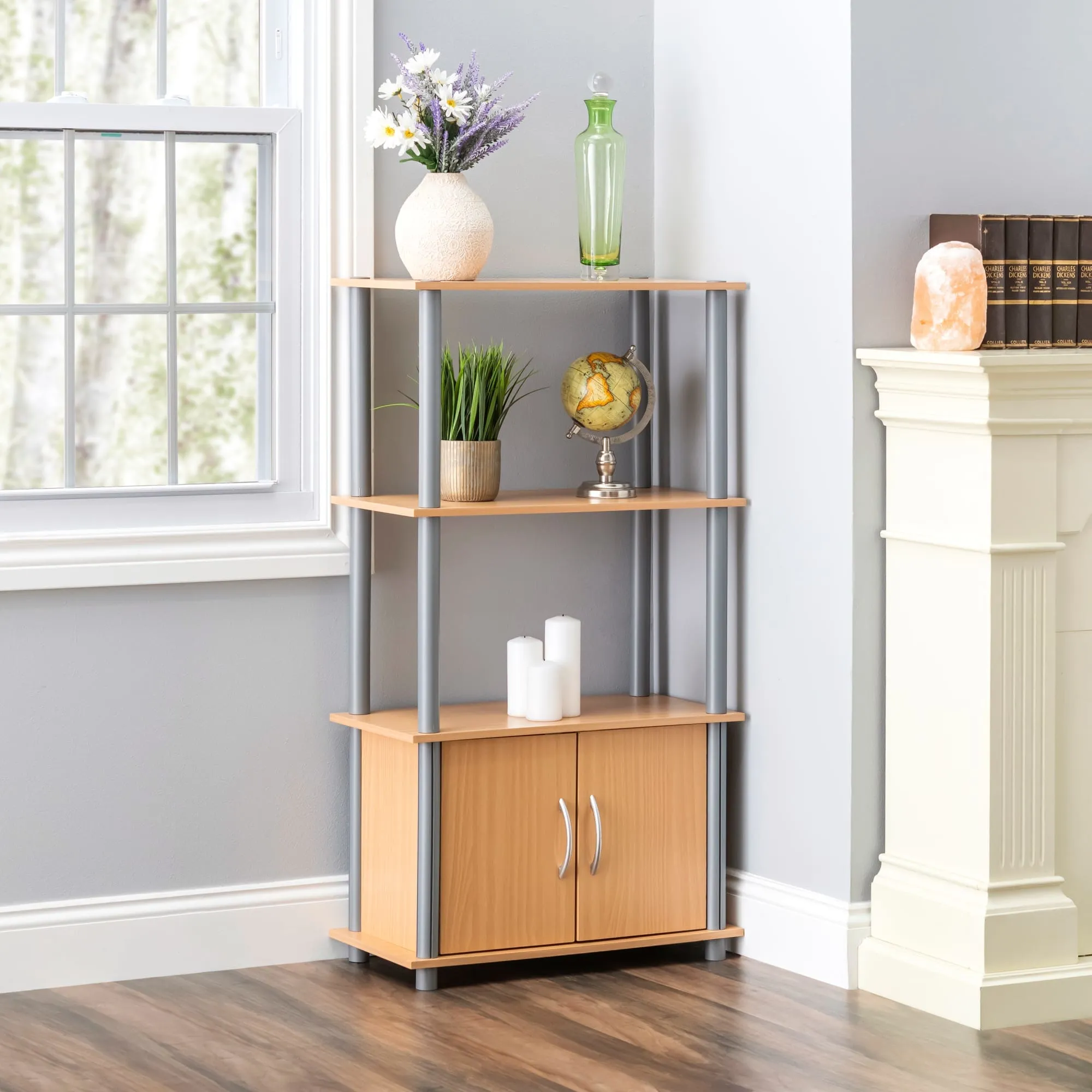 4 Tier Storage Shelf with Cabinet, Natural