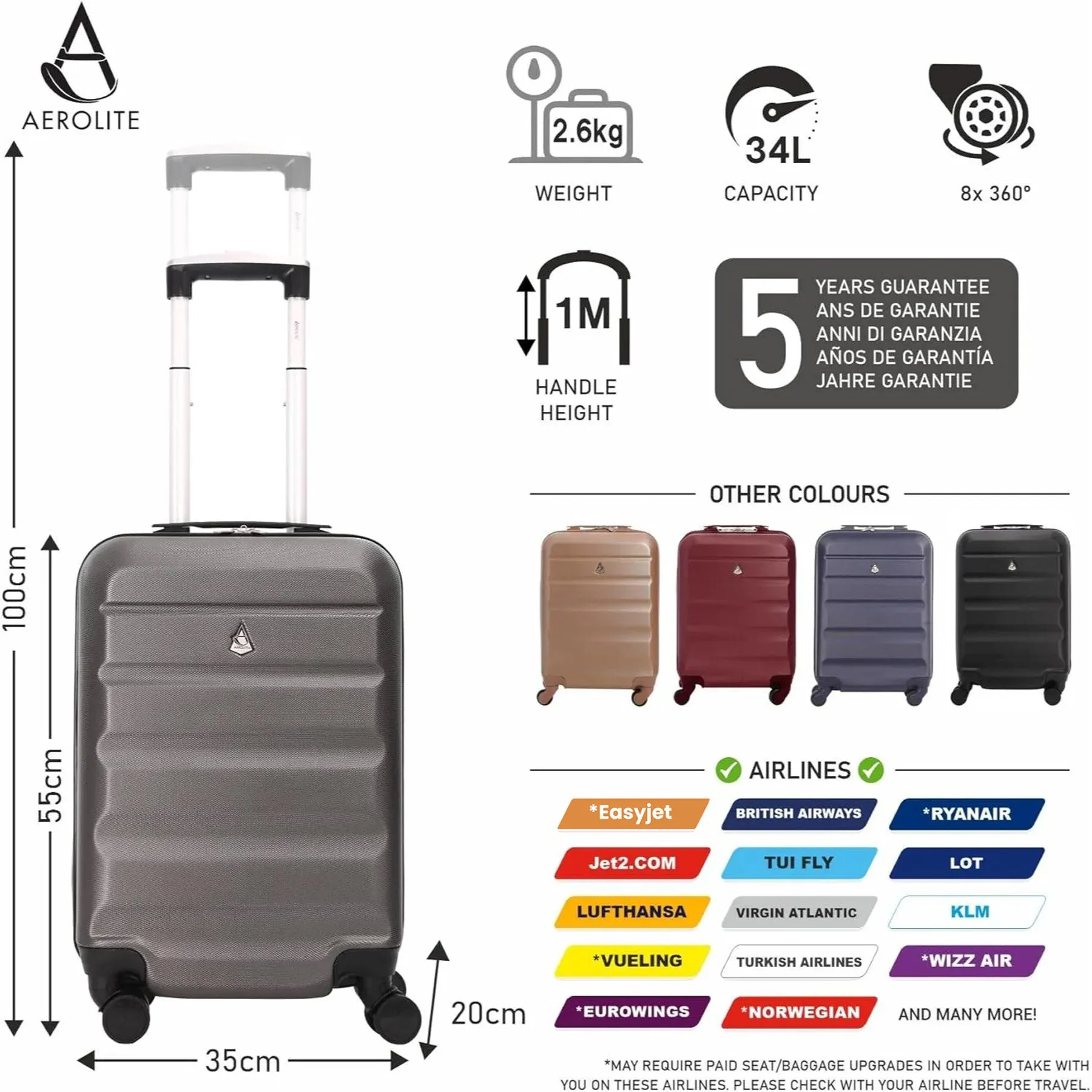 Aerolite 55cm Lightweight Hard Shell 8 Wheels Cabin Suitcase 21" (55x35x20cm), Approved for Ryanair (Priority), easyJet Plus, British Airways, Virgin Atlantic, Jet2 and More (x2 Set)