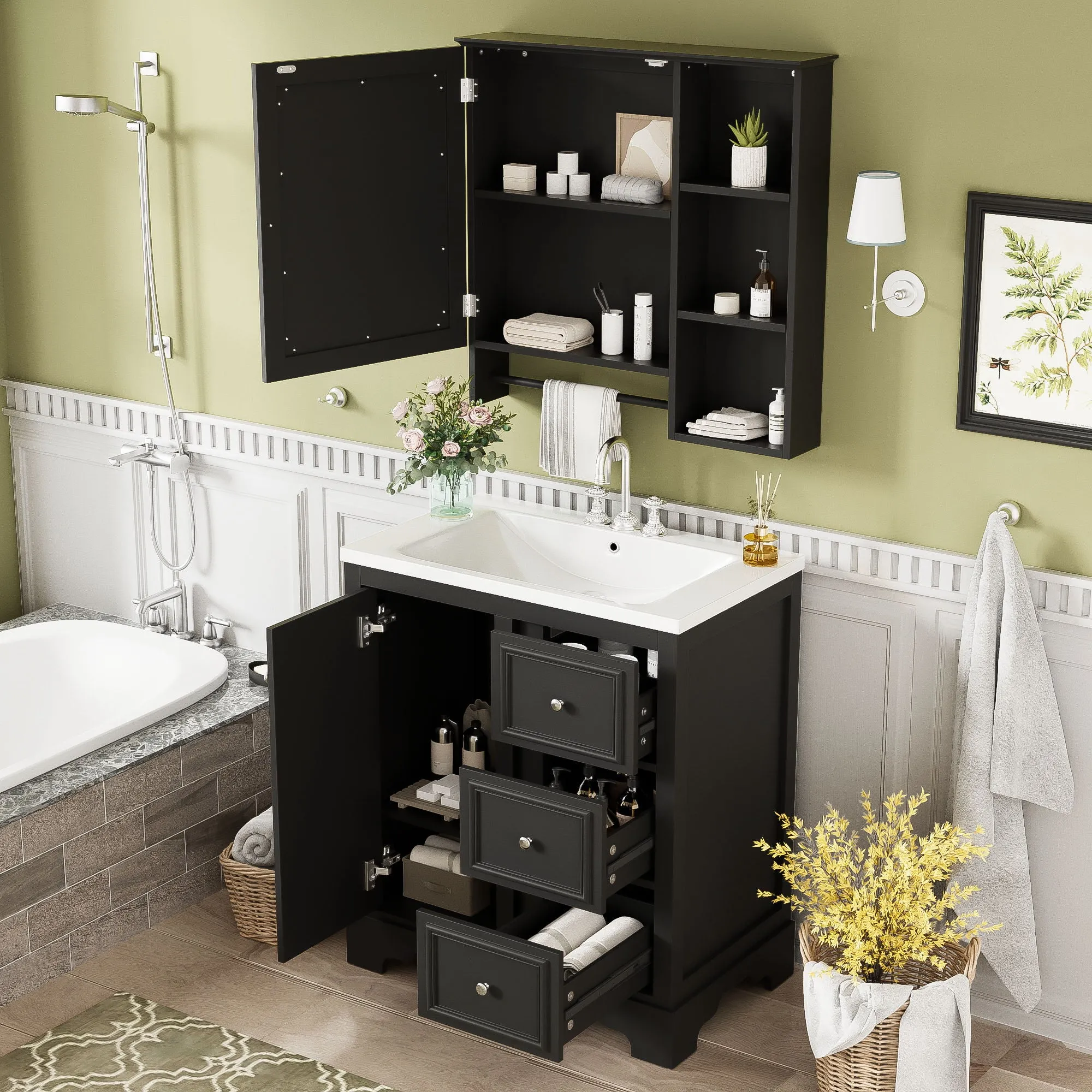 Bathroom Vanity With Sink, Modern Elegant Bathroom Storage Cabinet With 3 Drawers And Adjustable Shelves, Freestanding Vanity Set With Mirror Cabinet, Single Sink Bathroom Vanity