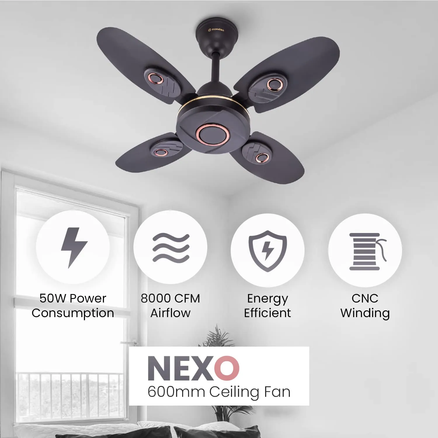 Candes Nexo Designer 600 mm /24 inch High Speed Ceiling Fan | BEE Star Rated, Noiseless & Energy Saving | Small Fan for Kitchen, Balcony & Small Room | 1 1 Year Warranty | Coffee Brown