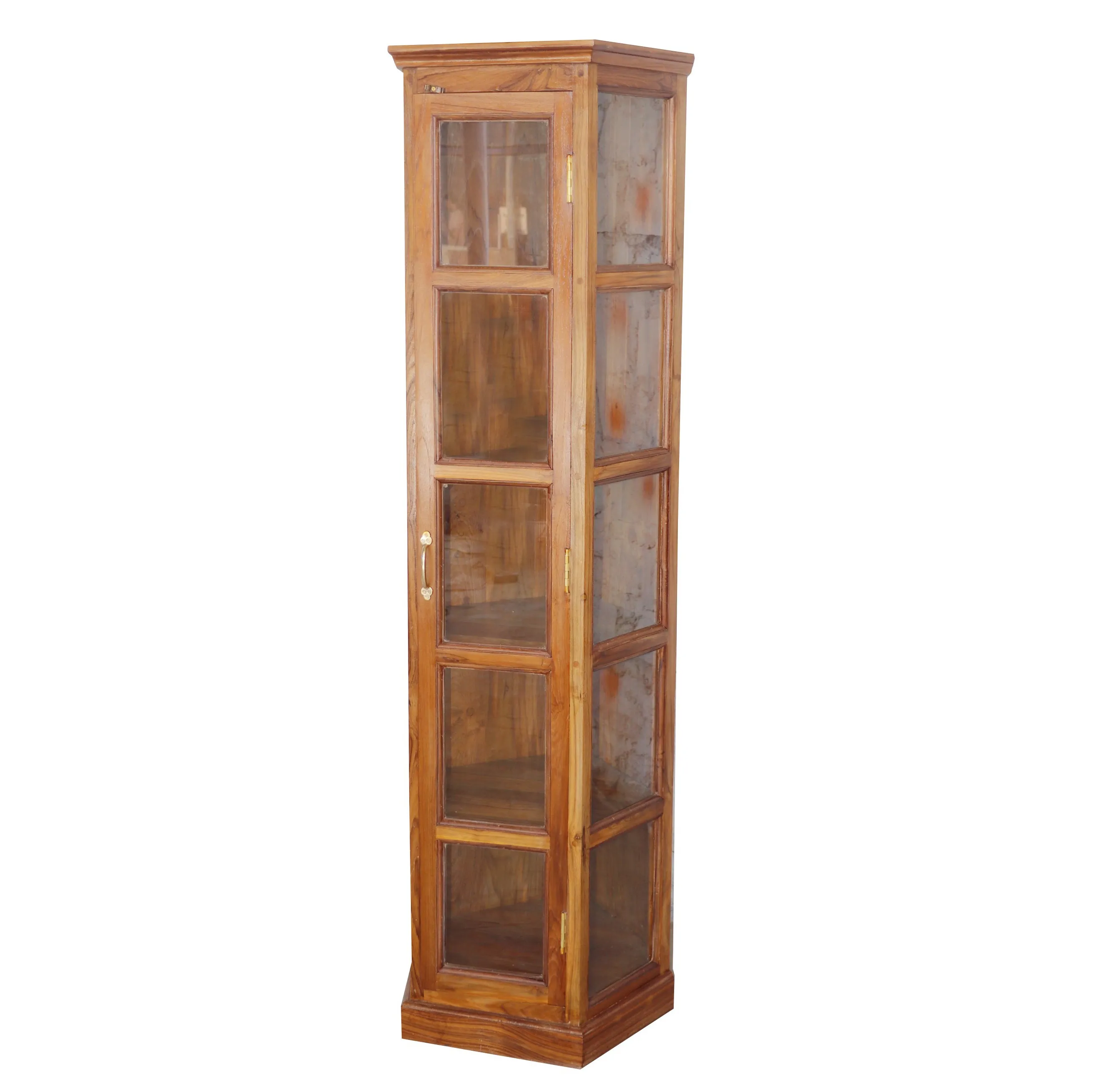 Compact long angled teak wood showcase