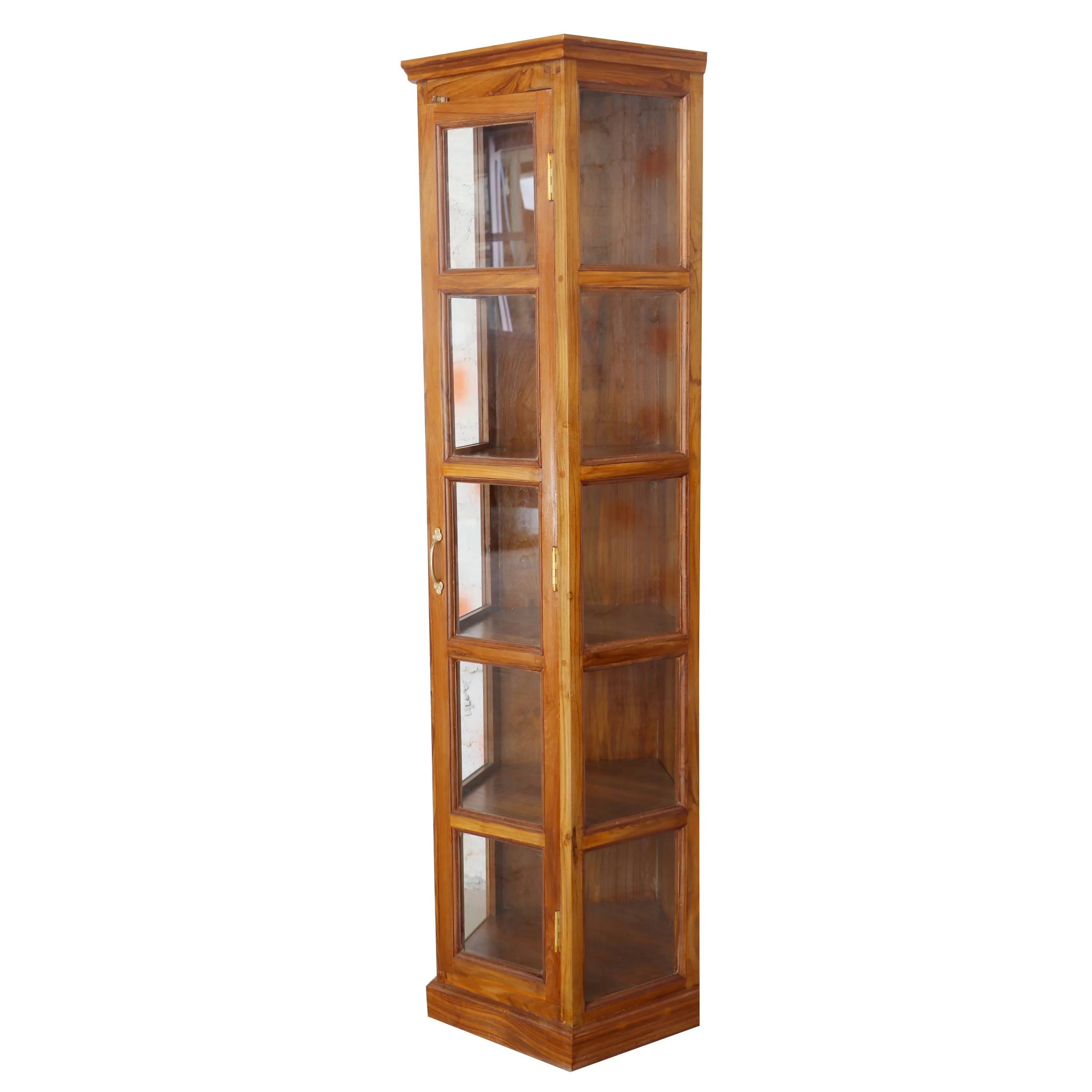 Compact long angled teak wood showcase