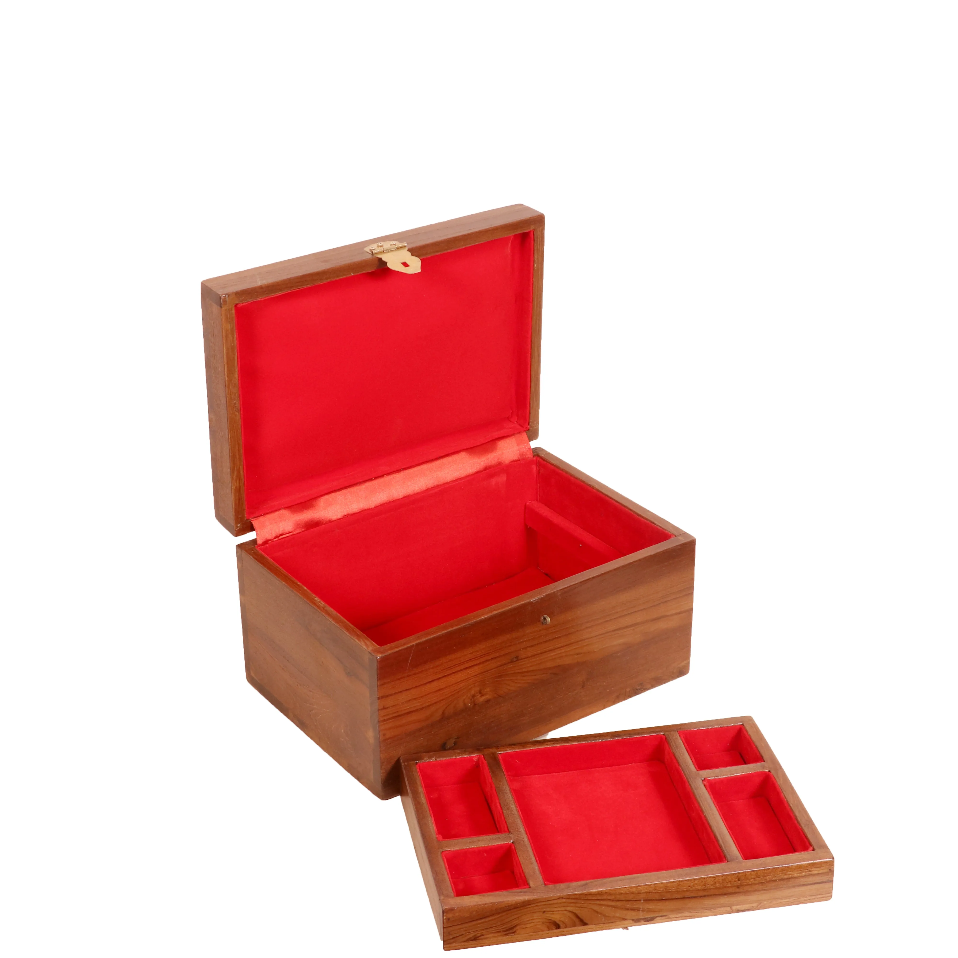 Compact teak multi compartment jewelry box