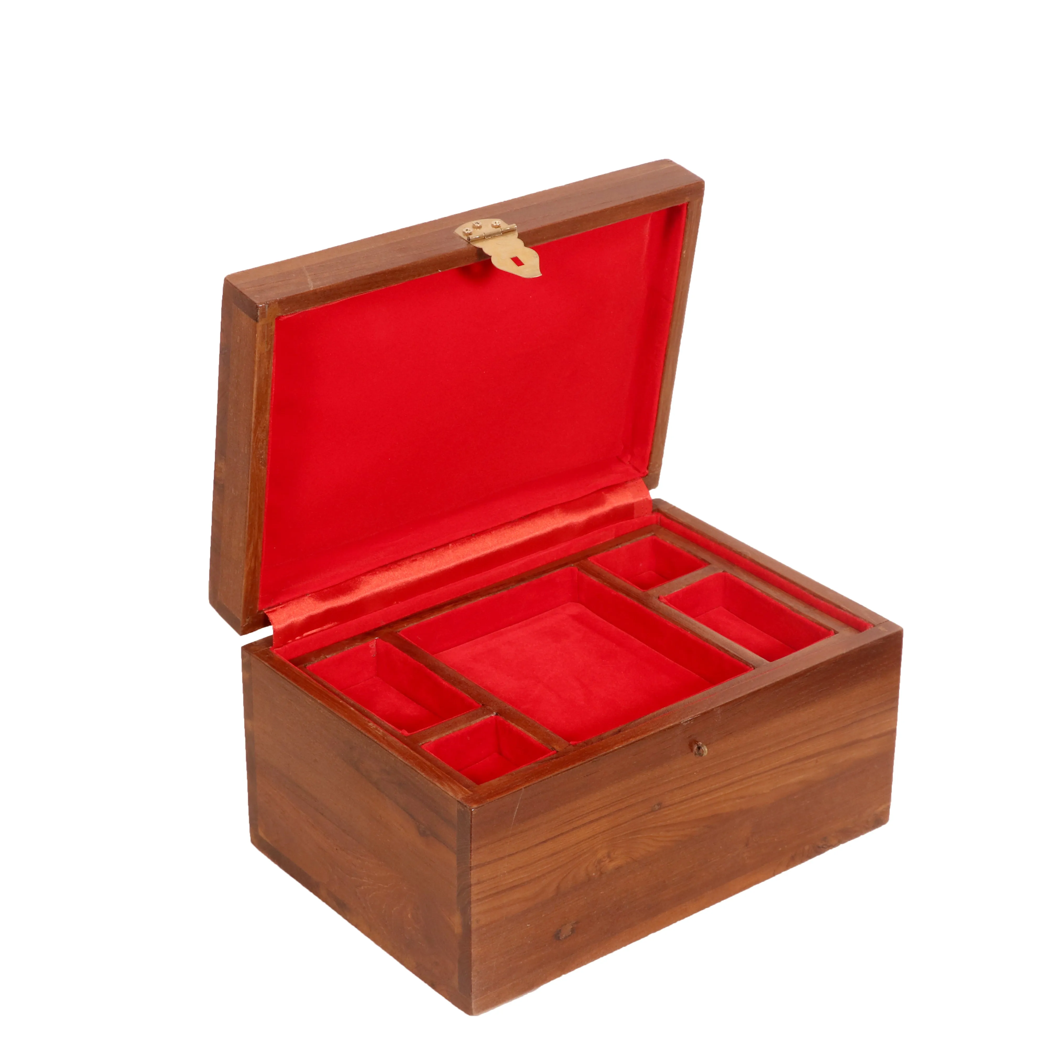 Compact teak multi compartment jewelry box