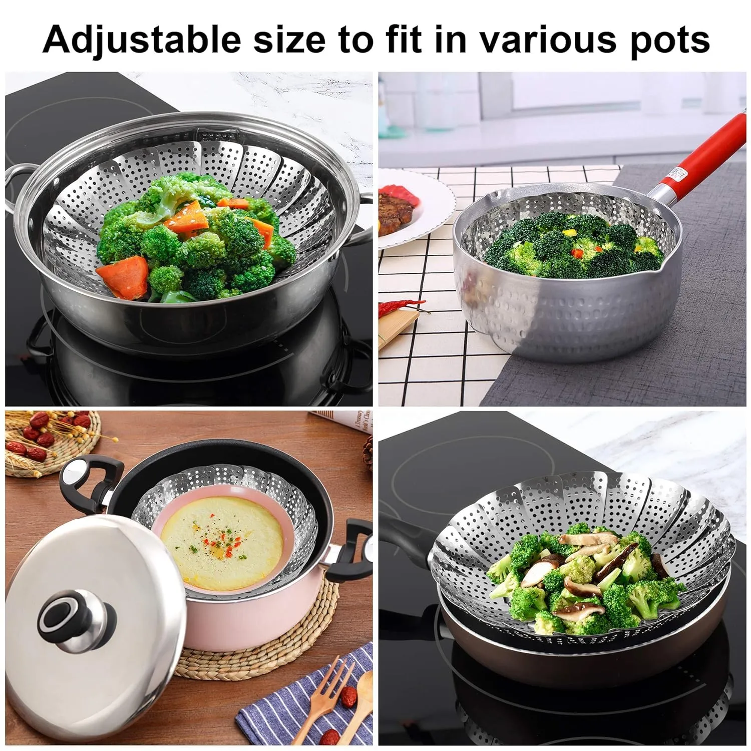 Dhanuom Steamer Basket Stainless Steel Steamer Basket for Vegetable/Insert for Pots, Pans steam boiling Fruit Bowl Fit for Instant Pot and Adjustable bowl