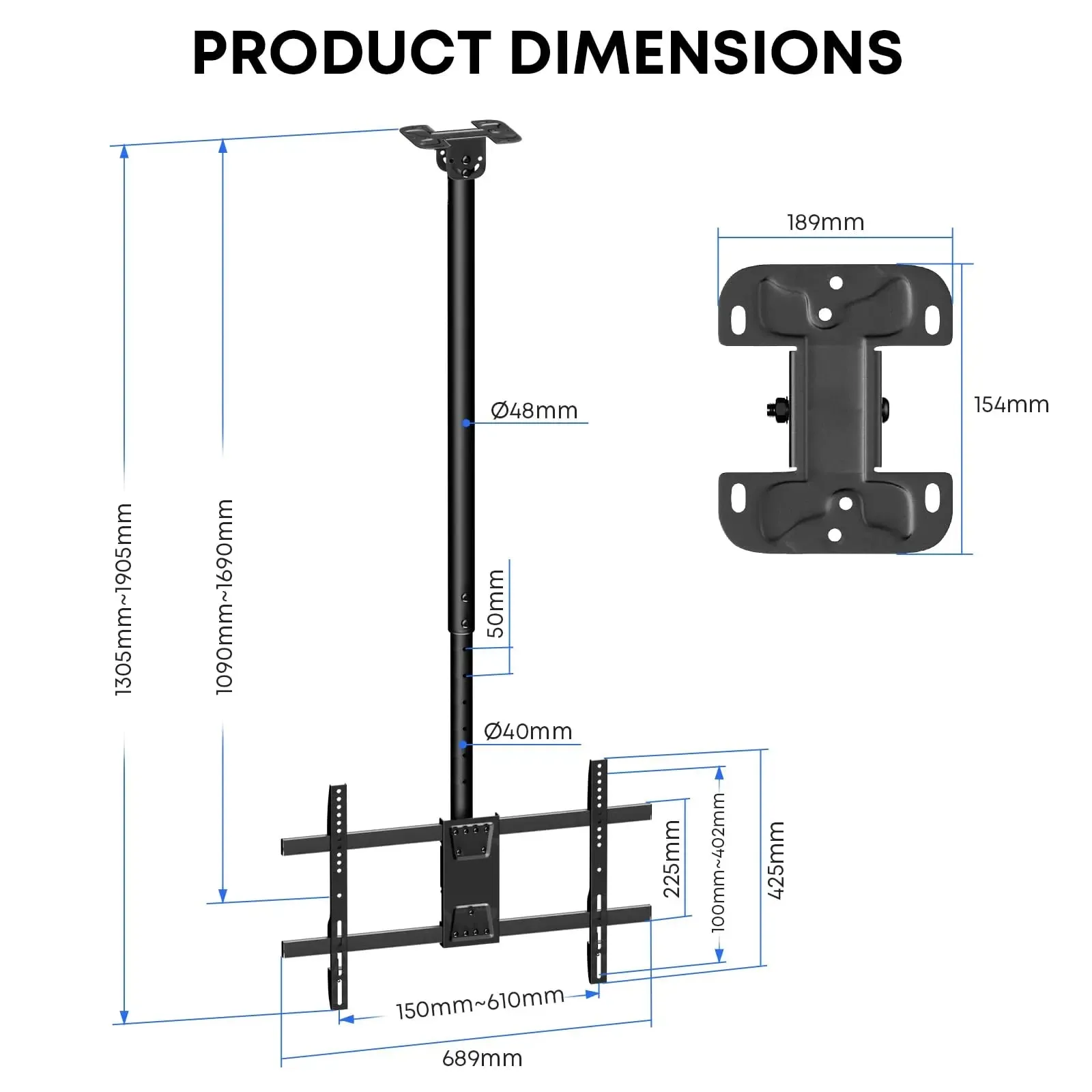 From 42.9” to 66.5” Height Adjustable Ceiling Mount TV Bracket - Fits most 43-86 inch TVs