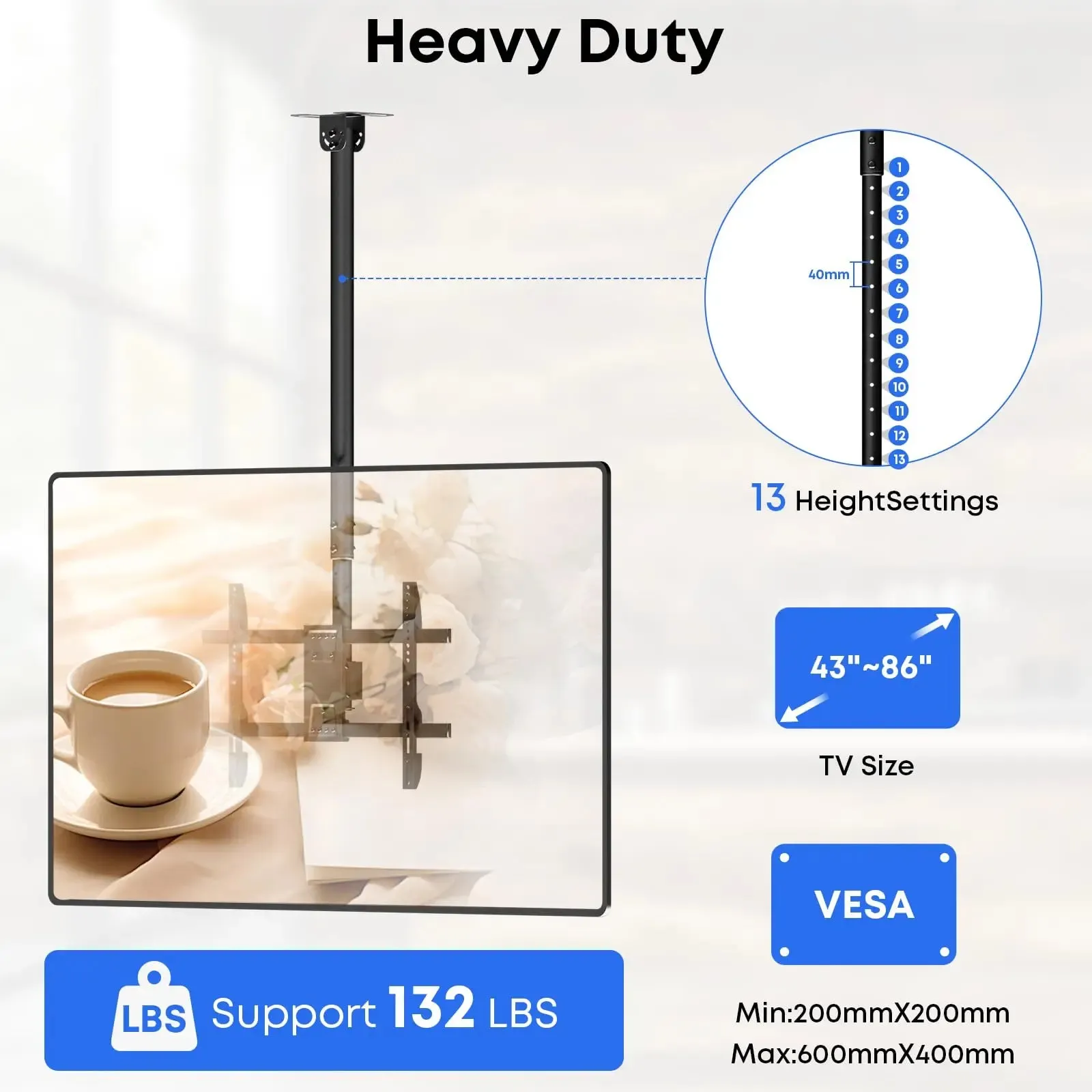 From 42.9” to 66.5” Height Adjustable Ceiling Mount TV Bracket - Fits most 43-86 inch TVs