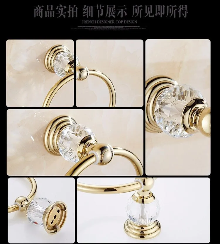 Golden Polish Brass & Crystal Wall Mounted Bathroom Accessories SetsTowel Rack Towel Shelf Hook Paper Holder