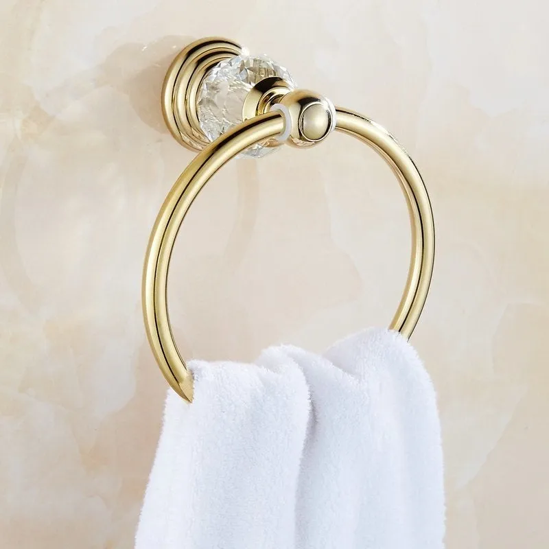 Golden Polish Brass & Crystal Wall Mounted Bathroom Accessories SetsTowel Rack Towel Shelf Hook Paper Holder