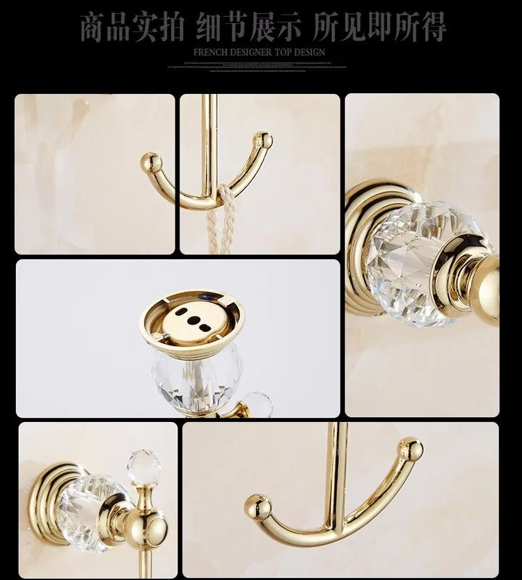 Golden Polish Brass & Crystal Wall Mounted Bathroom Accessories SetsTowel Rack Towel Shelf Hook Paper Holder