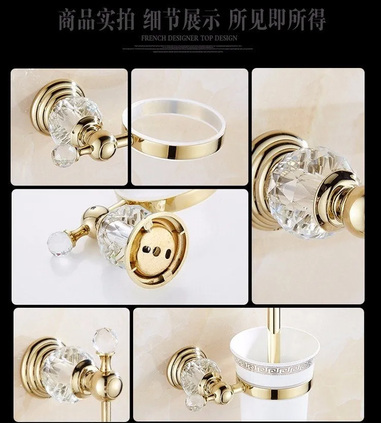 Golden Polish Brass & Crystal Wall Mounted Bathroom Accessories SetsTowel Rack Towel Shelf Hook Paper Holder