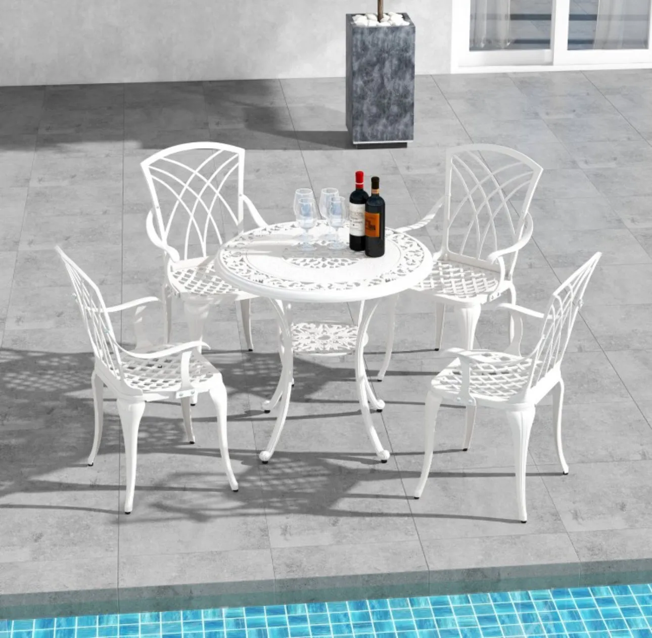 Heavy Duty Gorgeous 2025 Patio Bistro 5-Piece Table Chair Set With Umbrella Hole, Aluminum Frame | Rustproof | Lightweight | Bottom Storage Shelf