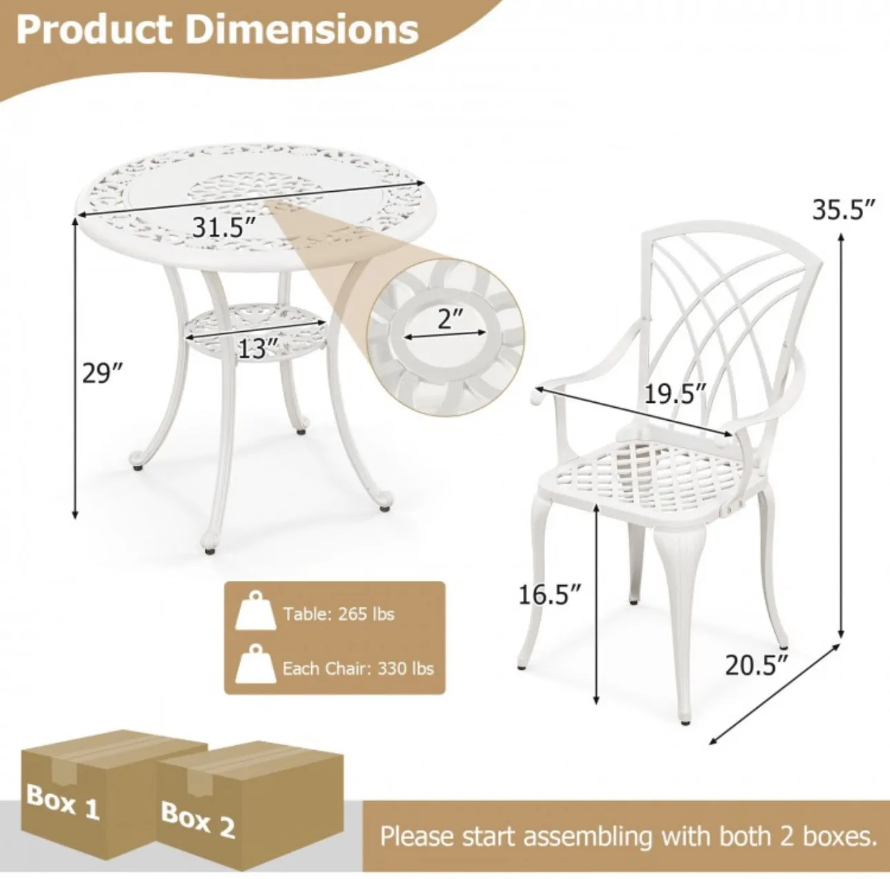 Heavy Duty Gorgeous 2025 Patio Bistro 5-Piece Table Chair Set With Umbrella Hole, Aluminum Frame | Rustproof | Lightweight | Bottom Storage Shelf