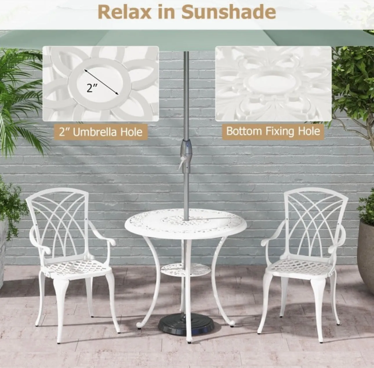 Heavy Duty Gorgeous 2025 Patio Bistro 5-Piece Table Chair Set With Umbrella Hole, Aluminum Frame | Rustproof | Lightweight | Bottom Storage Shelf