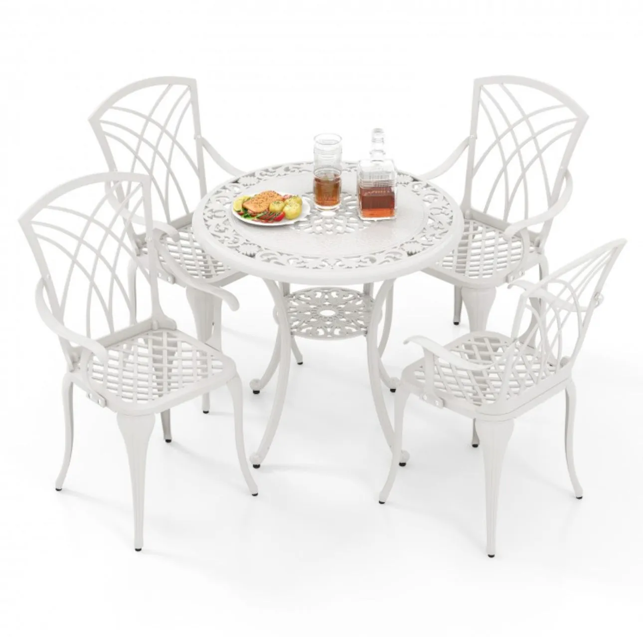 Heavy Duty Gorgeous 2025 Patio Bistro 5-Piece Table Chair Set With Umbrella Hole, Aluminum Frame | Rustproof | Lightweight | Bottom Storage Shelf