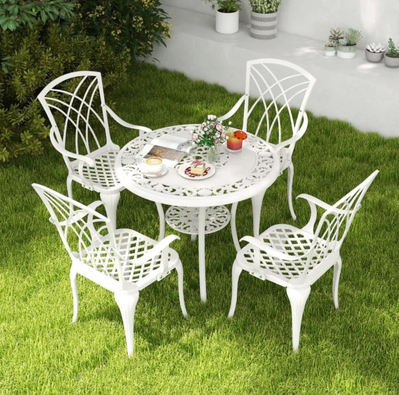 Heavy Duty Gorgeous 2025 Patio Bistro 5-Piece Table Chair Set With Umbrella Hole, Aluminum Frame | Rustproof | Lightweight | Bottom Storage Shelf