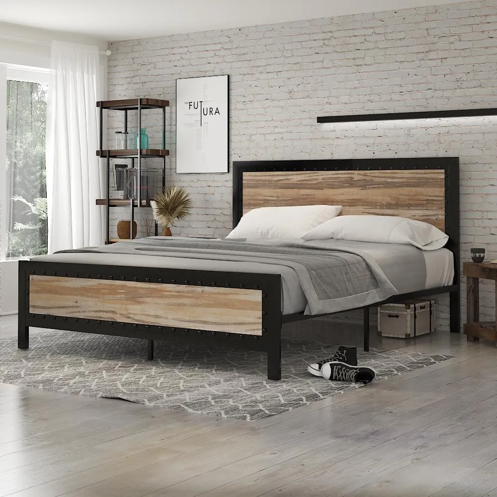 Heavy Duty Metal Bed Frame with Rivet Wooden Headboard & Footboard, Strong Steel Slats Support