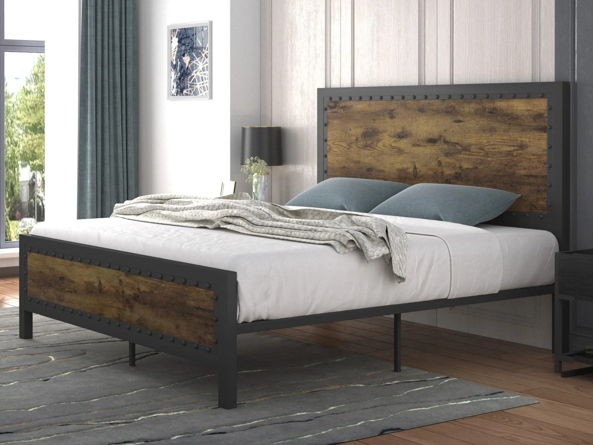 Heavy Duty Metal Bed Frame with Rivet Wooden Headboard & Footboard, Strong Steel Slats Support