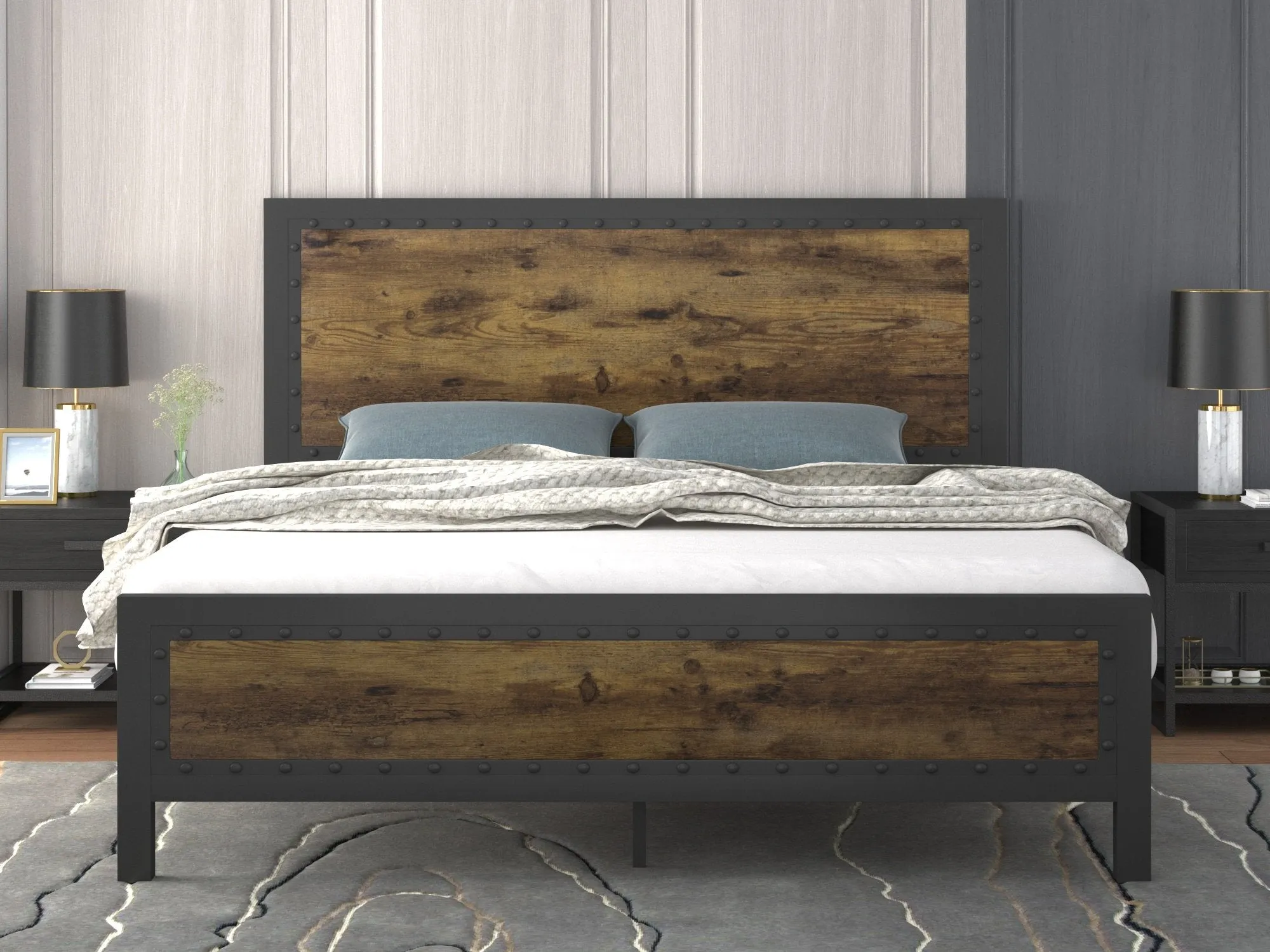 Heavy Duty Metal Bed Frame with Rivet Wooden Headboard & Footboard, Strong Steel Slats Support