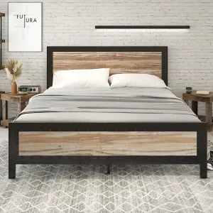 Heavy Duty Metal Bed Frame with Rivet Wooden Headboard & Footboard, Strong Steel Slats Support