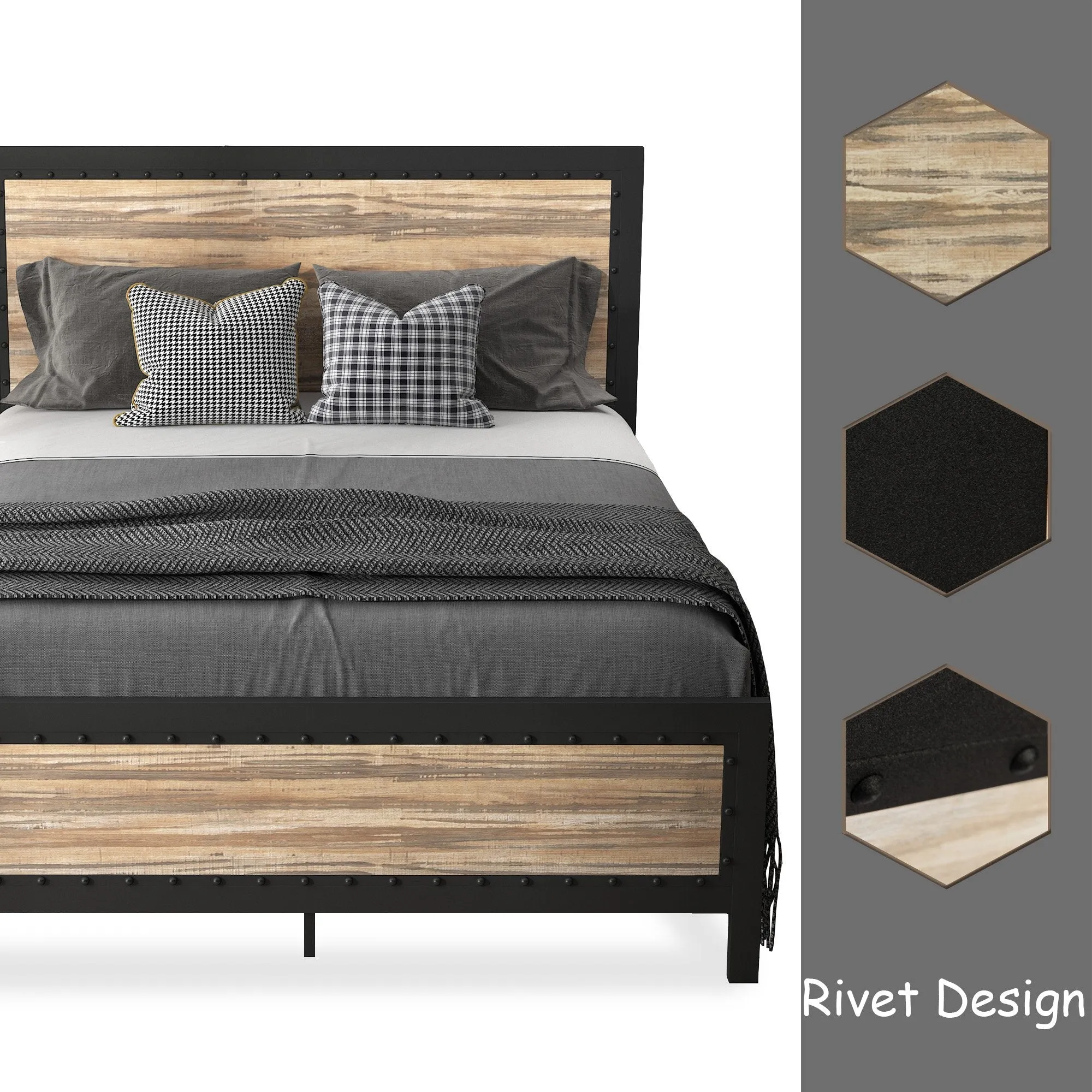 Heavy Duty Metal Bed Frame with Rivet Wooden Headboard & Footboard, Strong Steel Slats Support