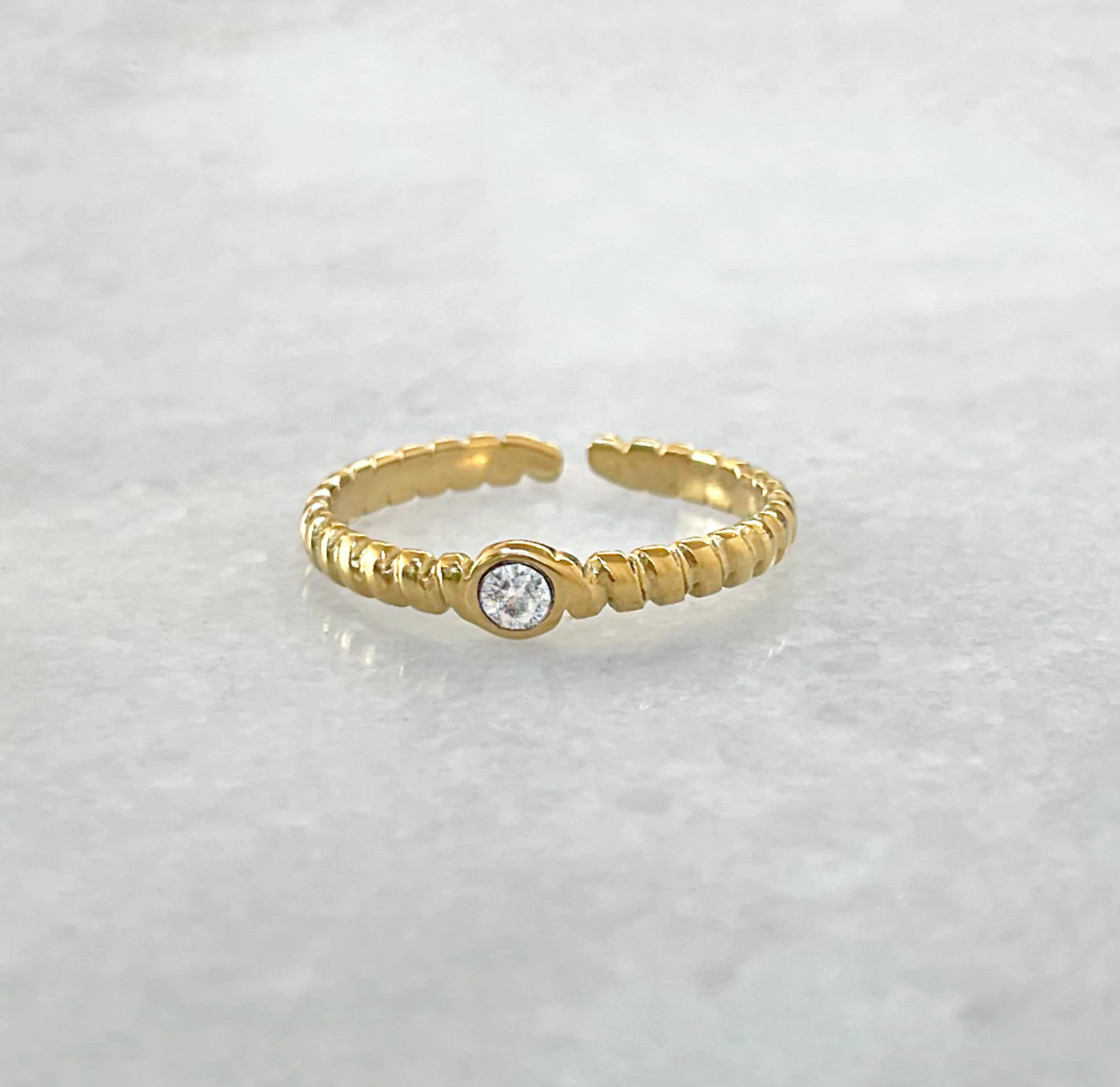 HELINA ADJUSTABLE DAINTY GOLD SOLITAIRE STACKABLE RING