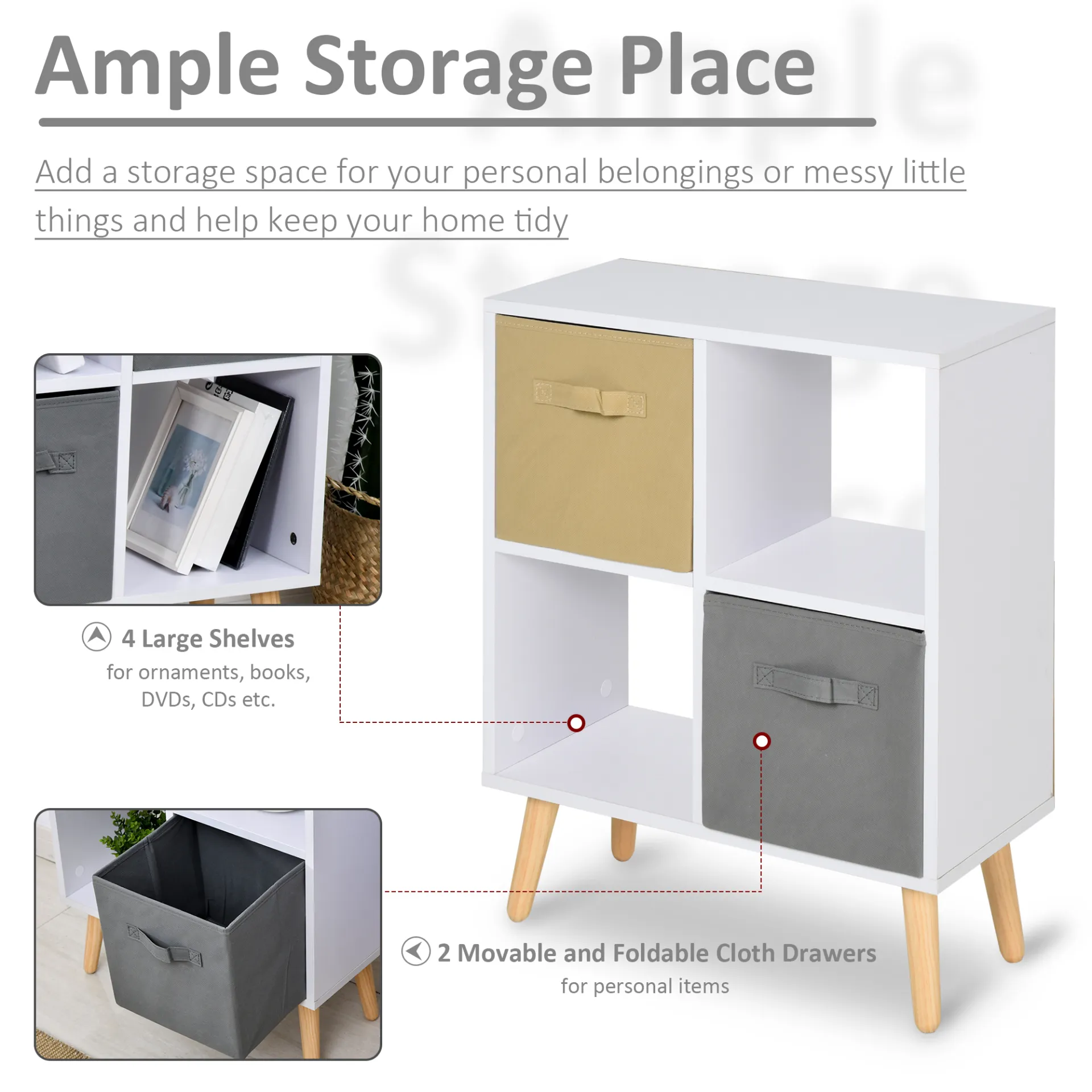 HOMCOM Freestanding 4 Cube Storage Cabinet with Fabric Drawers, Durable Home Office Organizer