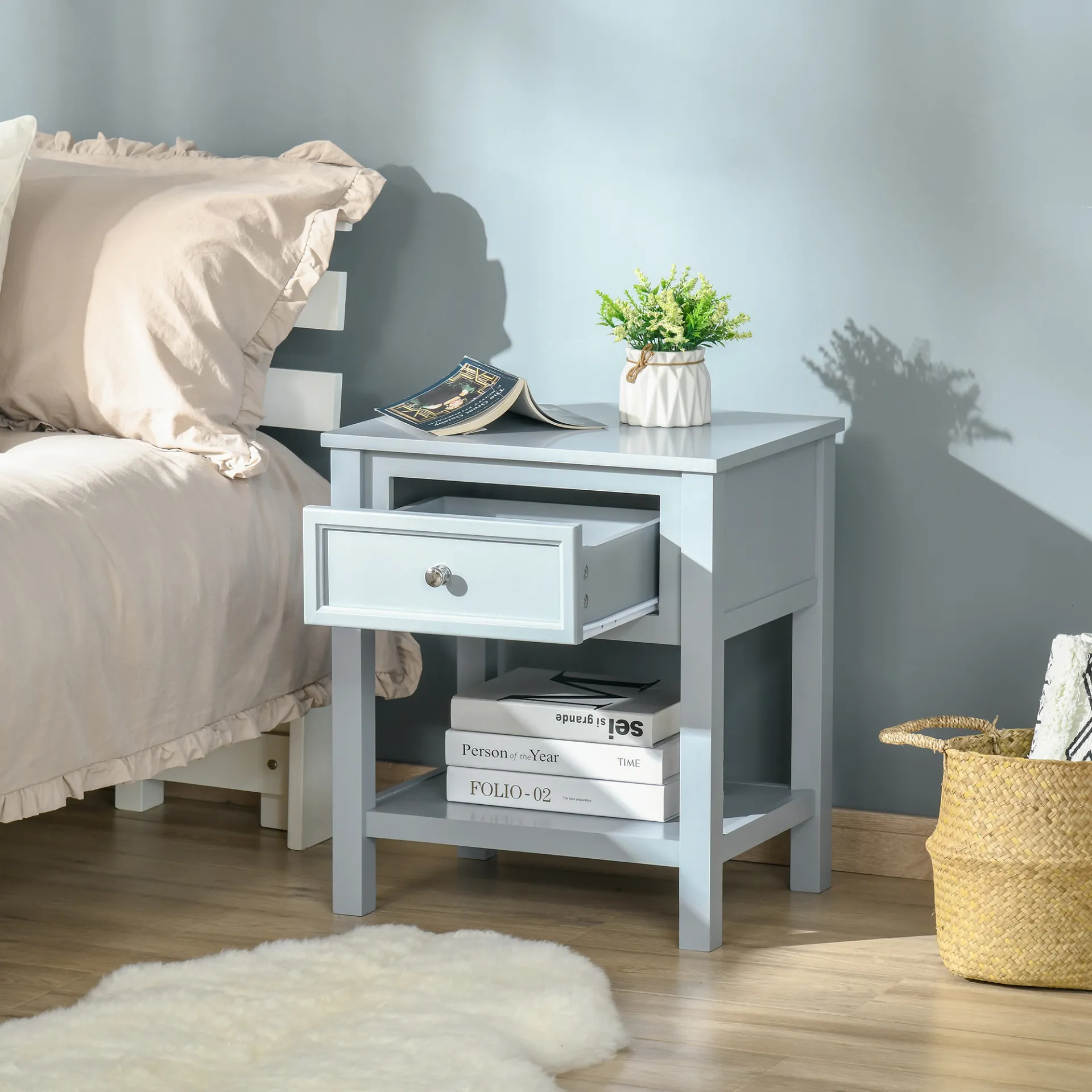 HOMCOM Grey Bedside End Table Nightstand with Drawer & Open Shelf - Classic & Stylish Furniture for Your Bedroom