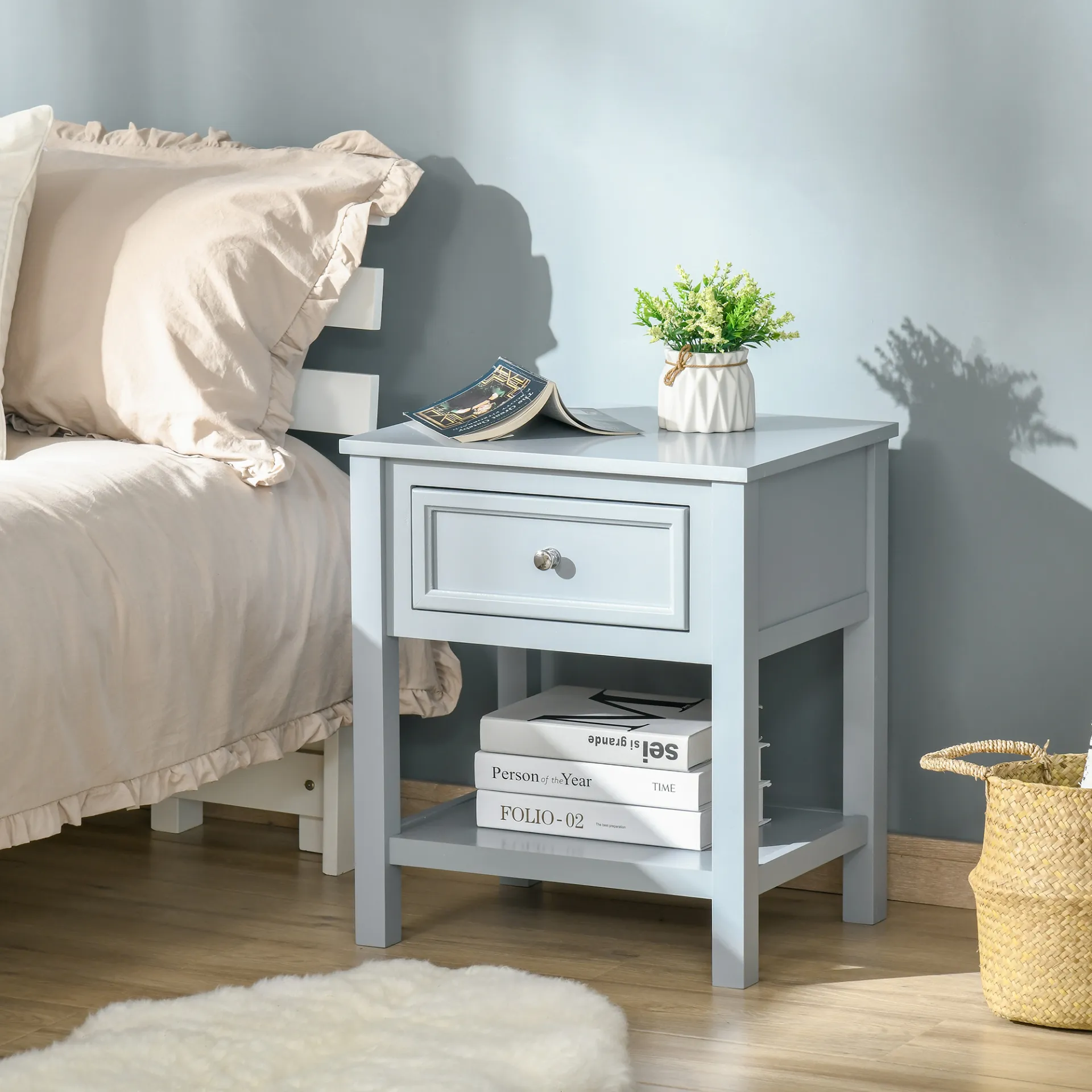 HOMCOM Grey Bedside End Table Nightstand with Drawer & Open Shelf - Classic & Stylish Furniture for Your Bedroom