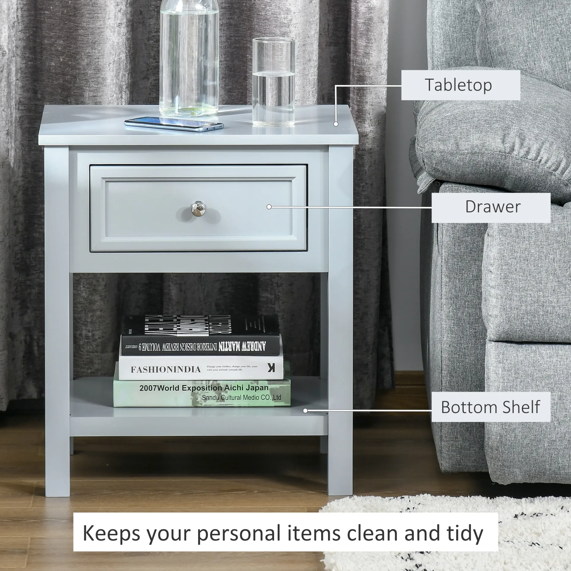 HOMCOM Grey Bedside End Table Nightstand with Drawer & Open Shelf - Classic & Stylish Furniture for Your Bedroom