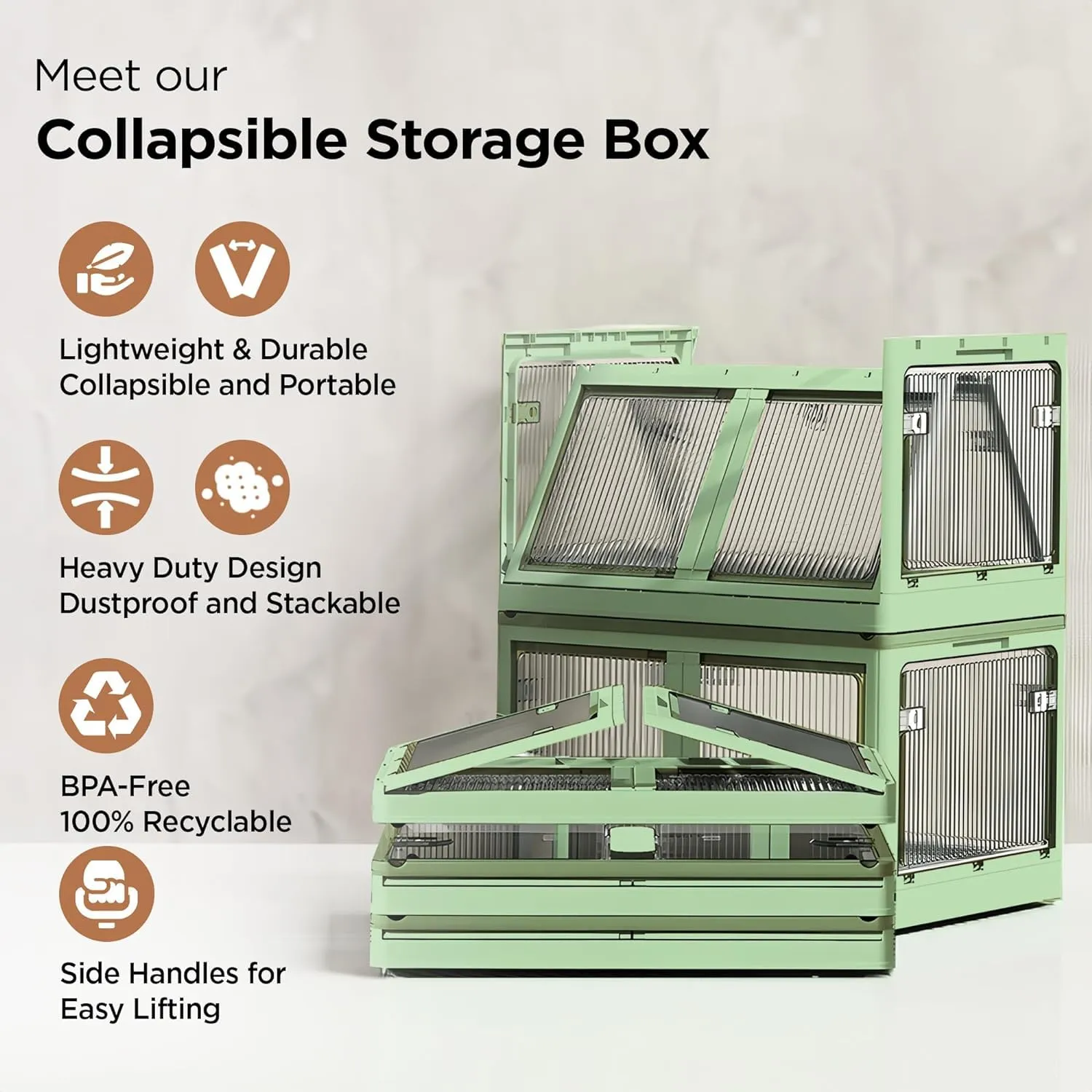 Homestic Stackable Storage Box With Double Door | Foldable Storage Box With Lid & Wheel | Collapsible Storage Bin for Closet Organizers & Storage | XM9003G | Green