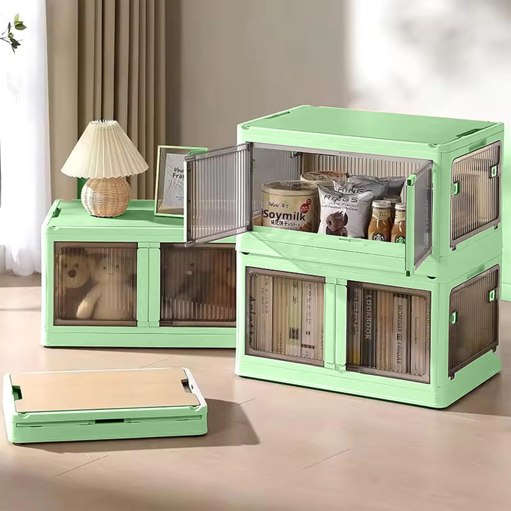 Homestic Stackable Storage Box With Double Door | Foldable Storage Box With Lid & Wheel | Collapsible Storage Bin for Closet Organizers & Storage | XM9003G | Green