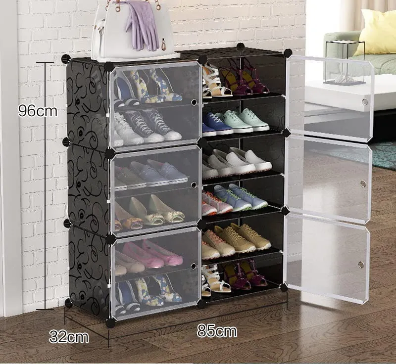 HOOBRO Portable Plastic Shoe Rack Organizer with Door, 30 Pairs Shoe Storage Cabinet Easy Assembly, Adjustable Shoe Storage Organizer Stackable Detachable Shoe Rack (Black)