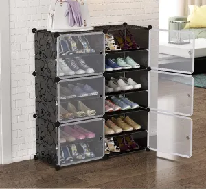 HOOBRO Portable Plastic Shoe Rack Organizer with Door, 30 Pairs Shoe Storage Cabinet Easy Assembly, Adjustable Shoe Storage Organizer Stackable Detachable Shoe Rack (Black)