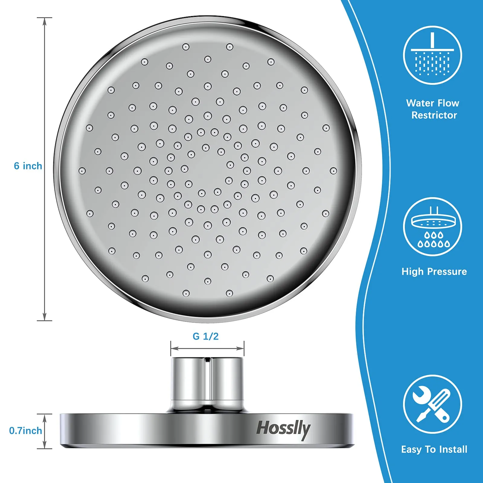 HOSSLLY Rainfall Shower Head High Pressure 360° Adjustable - Chrome