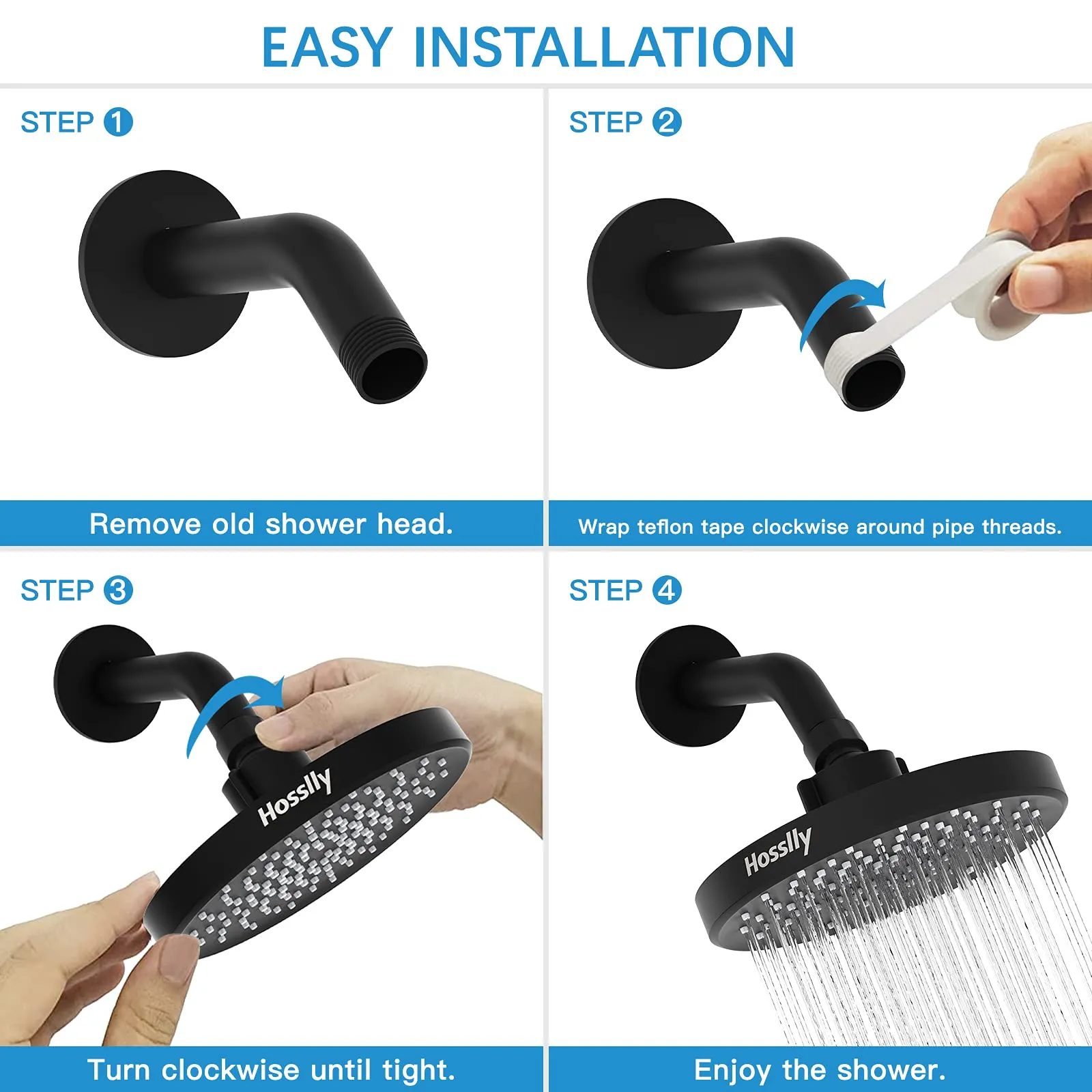 HOSSLLY Rainfall Shower Head High Pressure 360° Adjustable - Matte Black