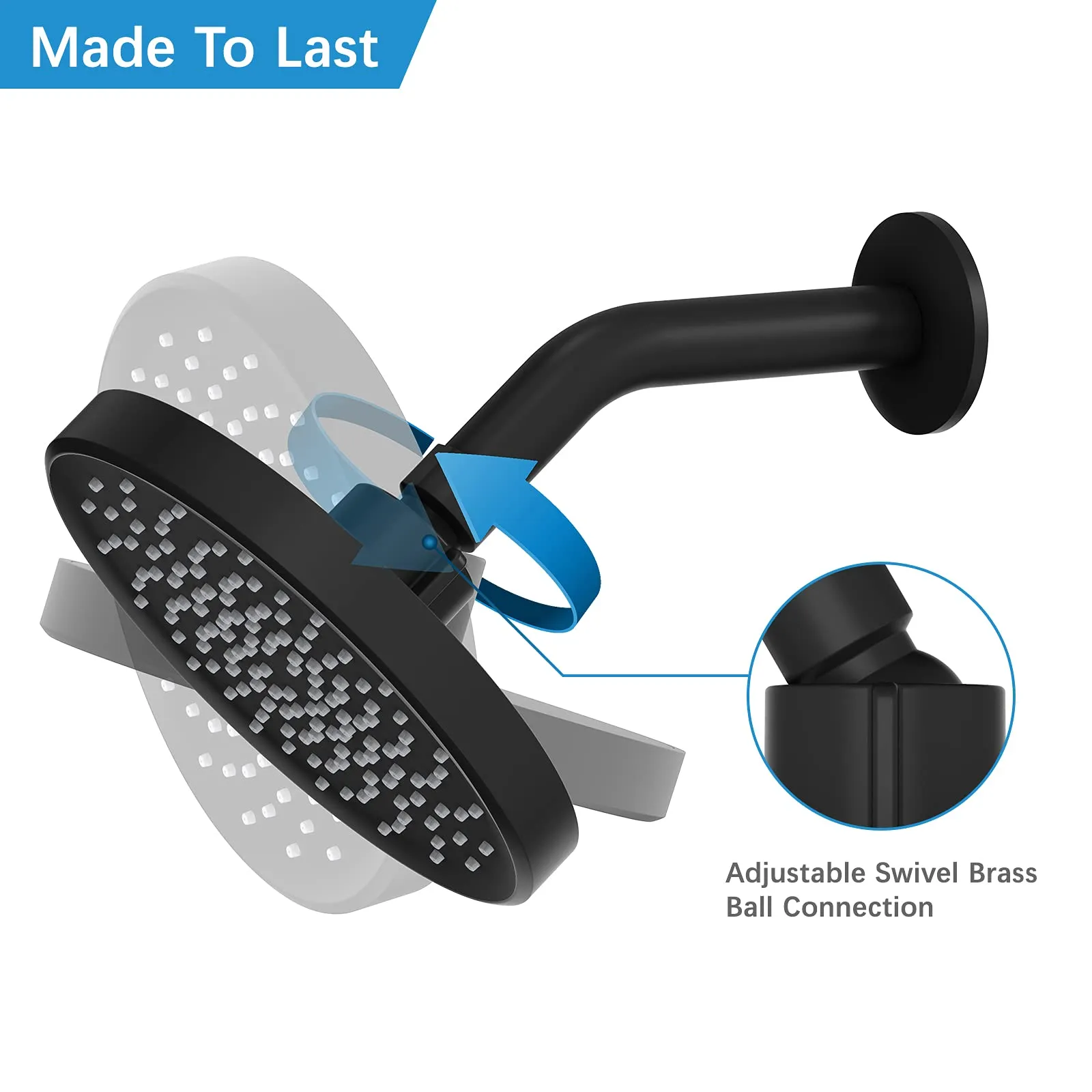 HOSSLLY Rainfall Shower Head High Pressure 360° Adjustable - Matte Black