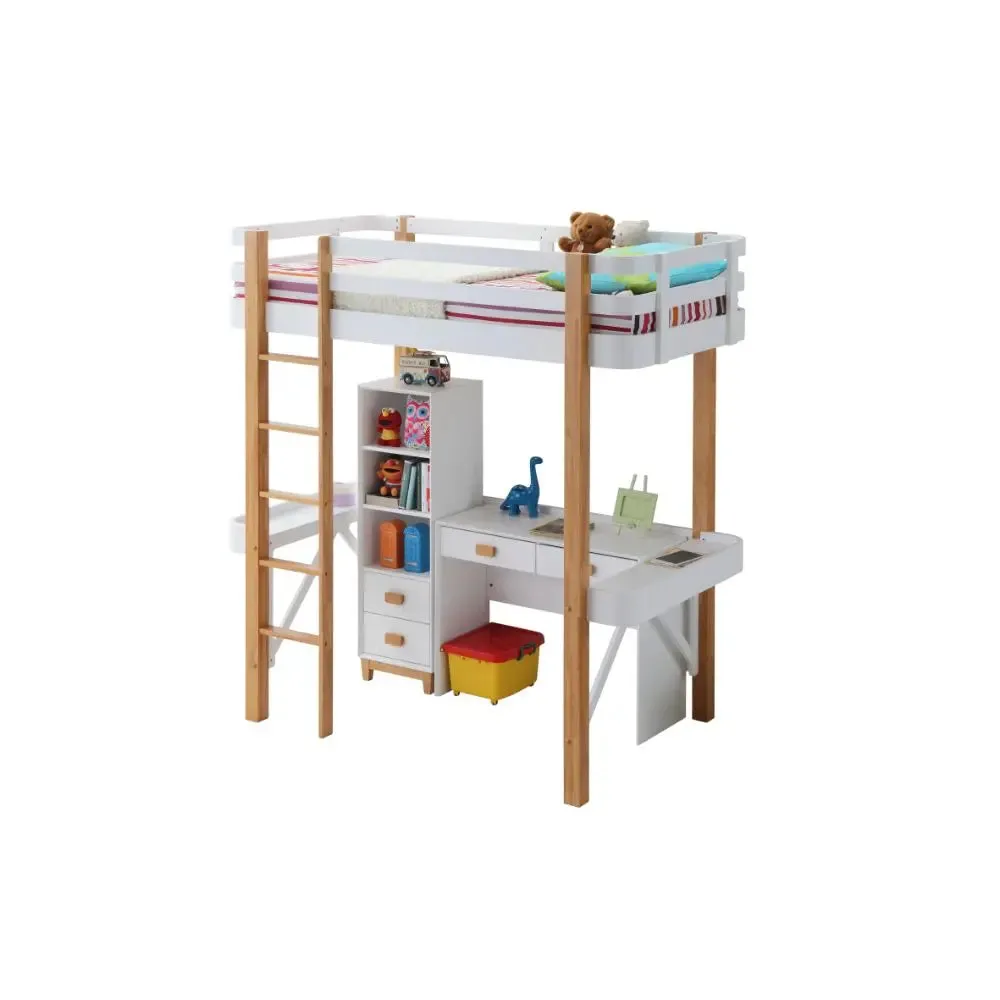 Kameron Twin Loft Bed w/Side Desk, White & Natural