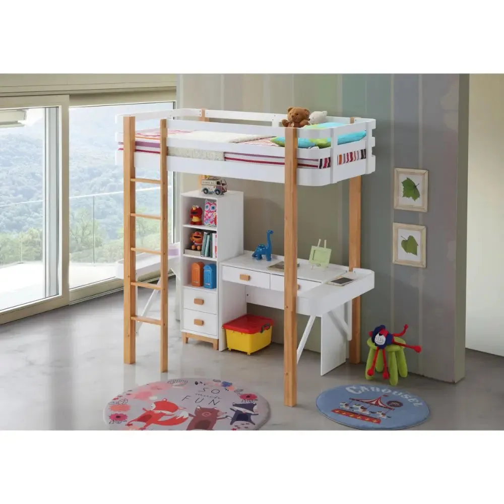 Kameron Twin Loft Bed w/Side Desk, White & Natural