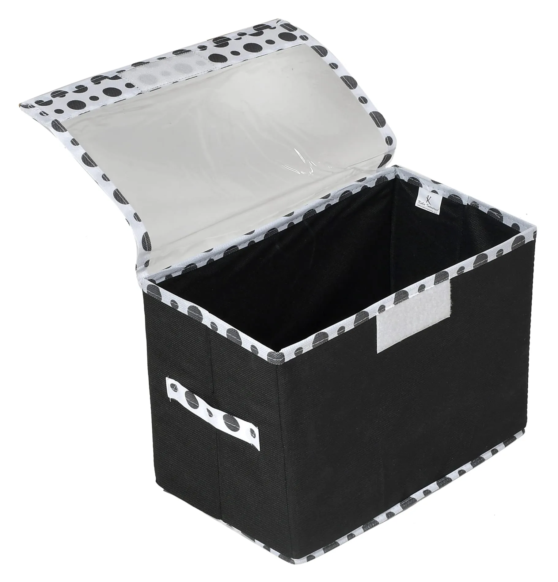 Kuber Industries Dot Printed Foldable Small Non-Woven Storage Box|Tranasparent Lid|Durable Handles|Size 37 x 20 x 26 CM (Black) -44KM0416