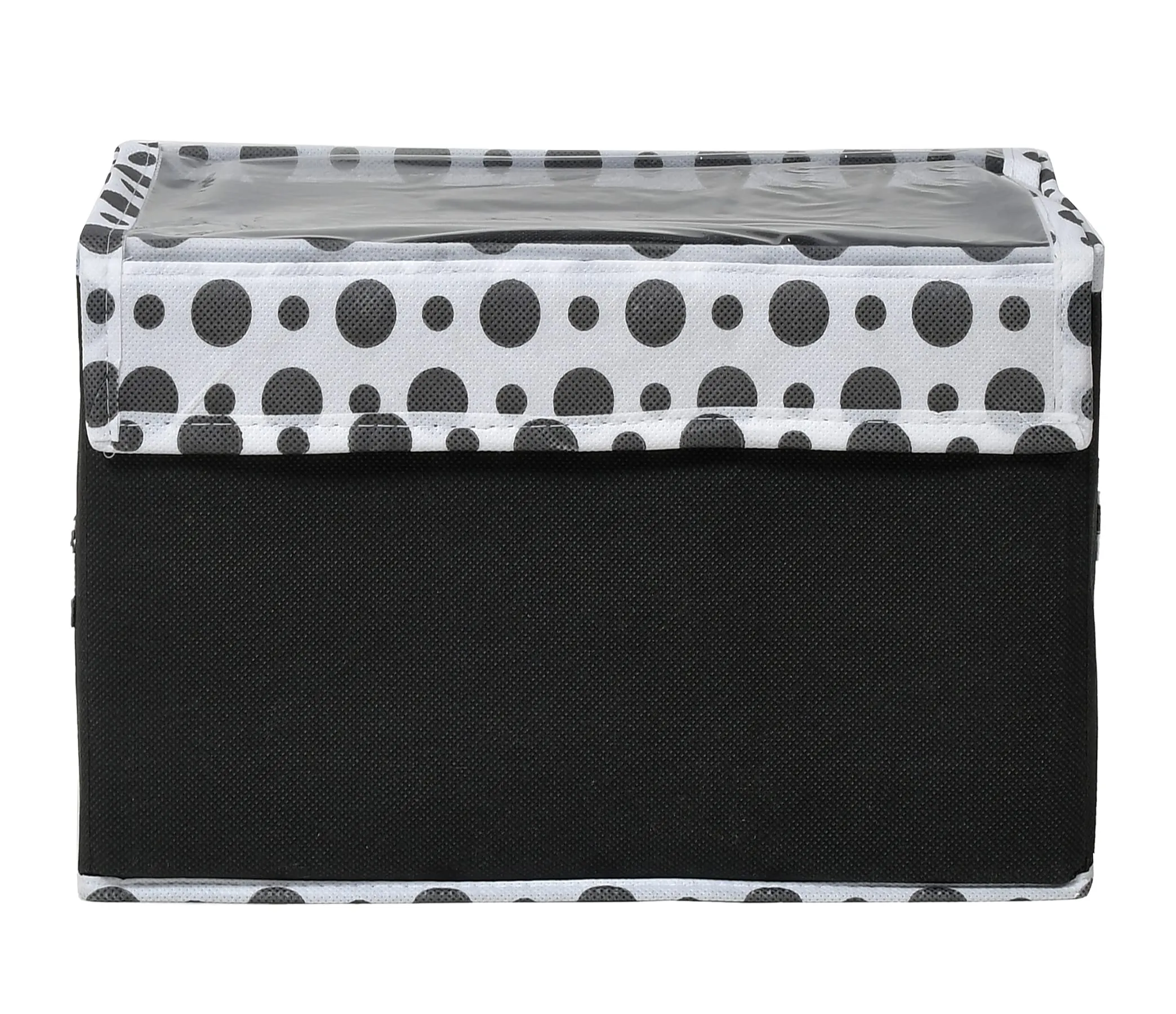 Kuber Industries Dot Printed Foldable Small Non-Woven Storage Box|Tranasparent Lid|Durable Handles|Size 37 x 20 x 26 CM (Black) -44KM0416