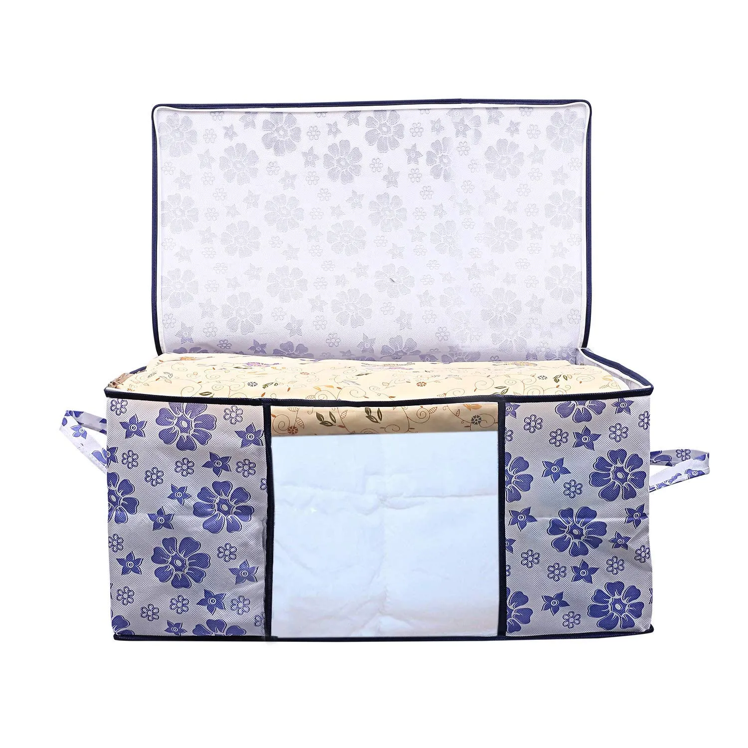 Kuber Industries Flower Printed Non Woven 2 Pieces Saree Cover and 2 Pieces Underbed Storage Bag, Cloth Organizer for Storage, Blanket Cover Combo Set (Royal Blue) -CTKTC038620