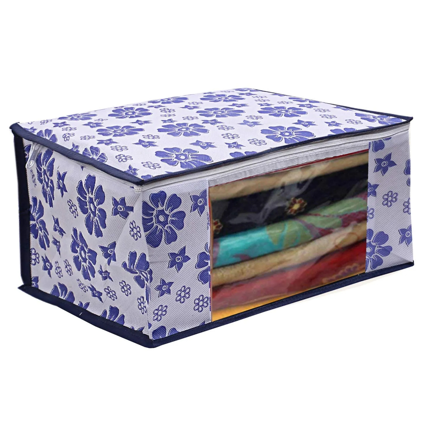 Kuber Industries Flower Printed Non Woven 2 Pieces Saree Cover and 2 Pieces Underbed Storage Bag, Cloth Organizer for Storage, Blanket Cover Combo Set (Royal Blue) -CTKTC038620