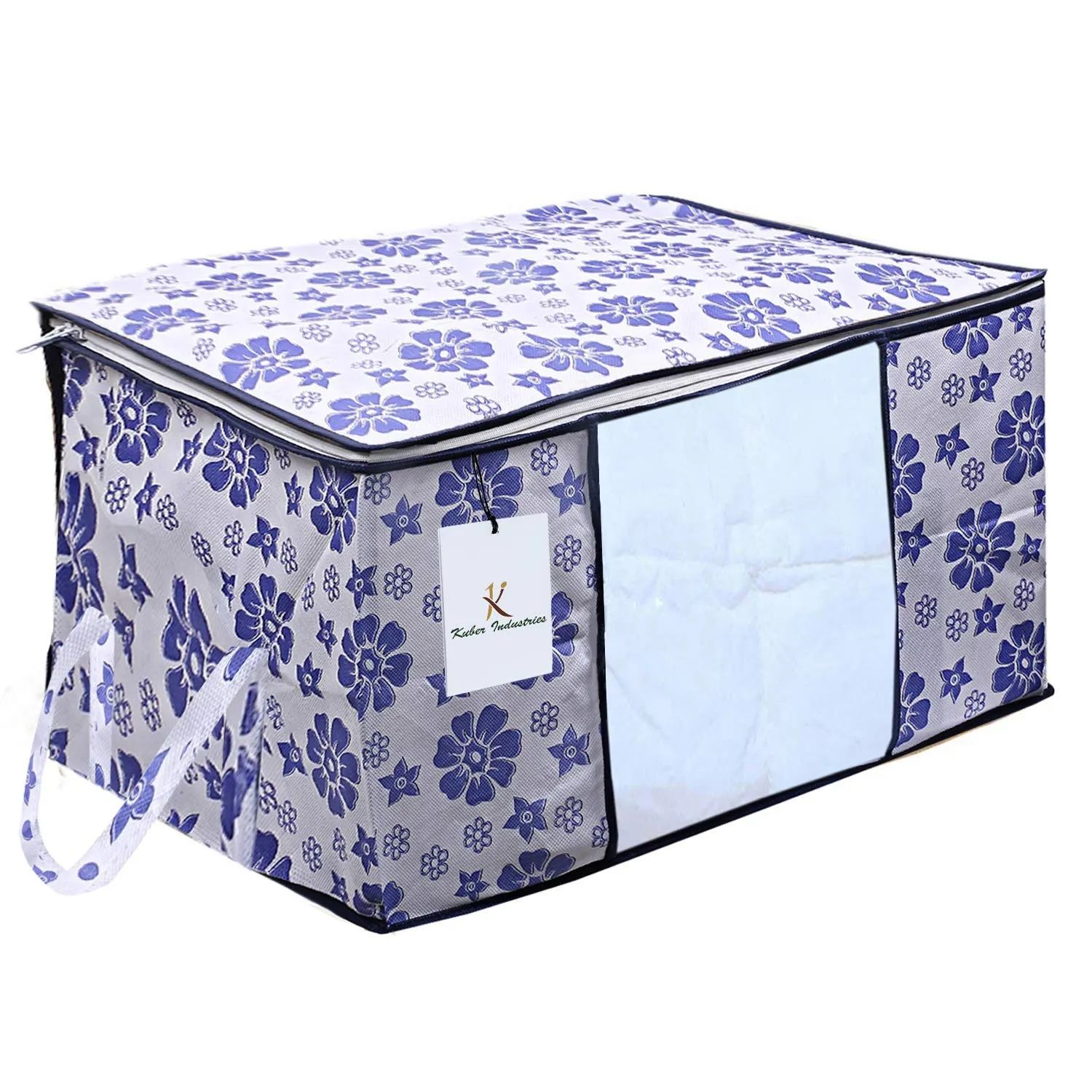 Kuber Industries Flower Printed Non Woven 2 Pieces Saree Cover and 2 Pieces Underbed Storage Bag, Cloth Organizer for Storage, Blanket Cover Combo Set (Royal Blue) -CTKTC038620