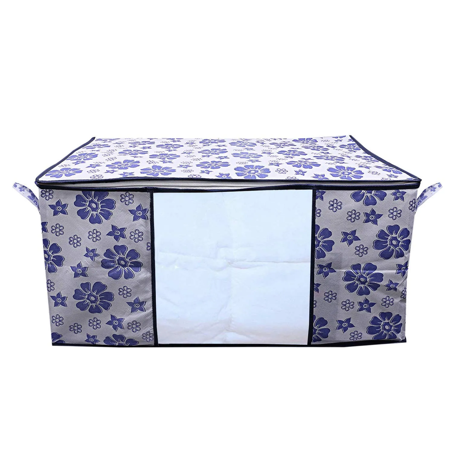 Kuber Industries Flower Printed Non Woven 4 Pieces Saree Cover and 4 Pieces Underbed Storage Bag, Cloth Organizer for Storage, Blanket Cover Combo Set (Royal Blue) -CTKTC38625