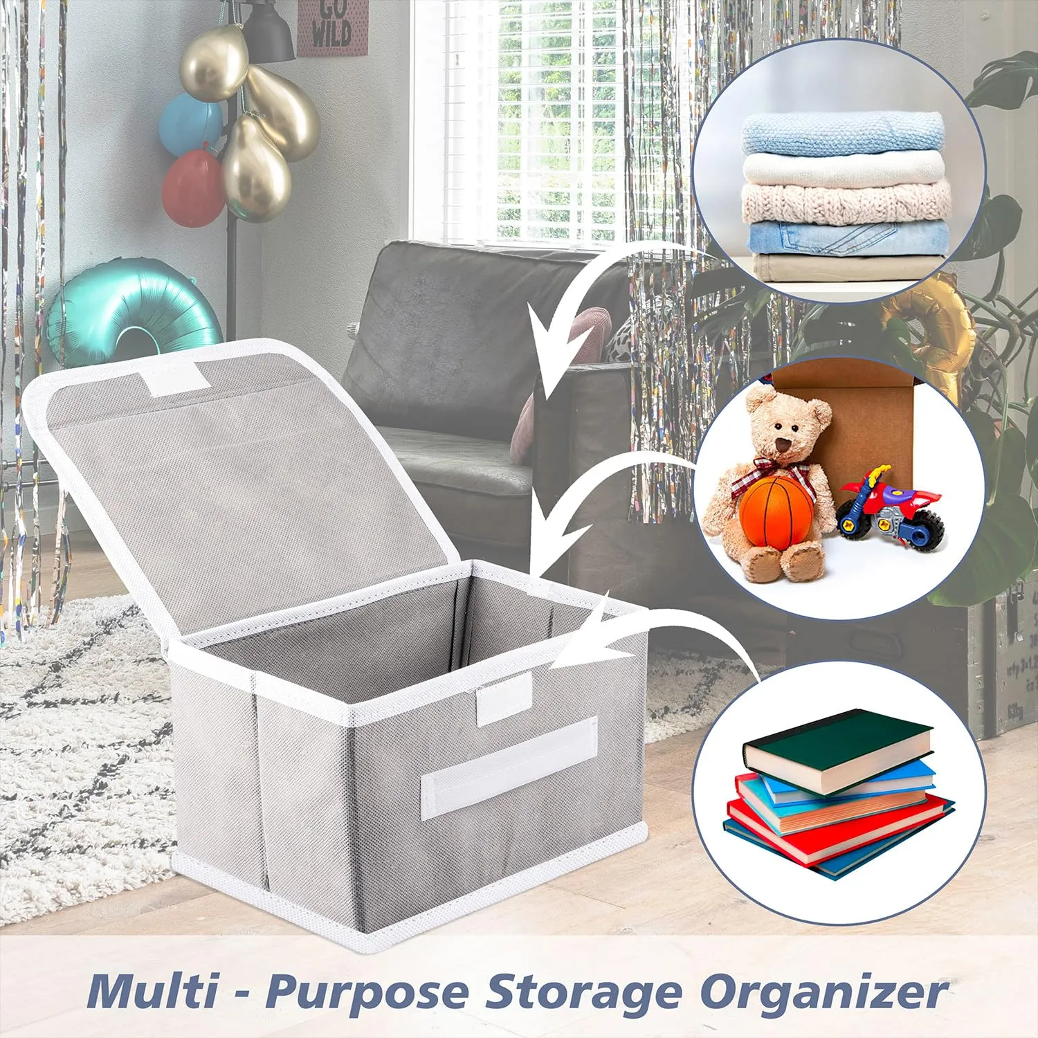 Kuber Industries Foldable Boxes For Storage - (Pack of 4) Multipurpose Storage Organizer For Clothes | Wardrobe | Closet | Toys | Books - Undergarment Organizer Basket With Handle And Lid (Grey)